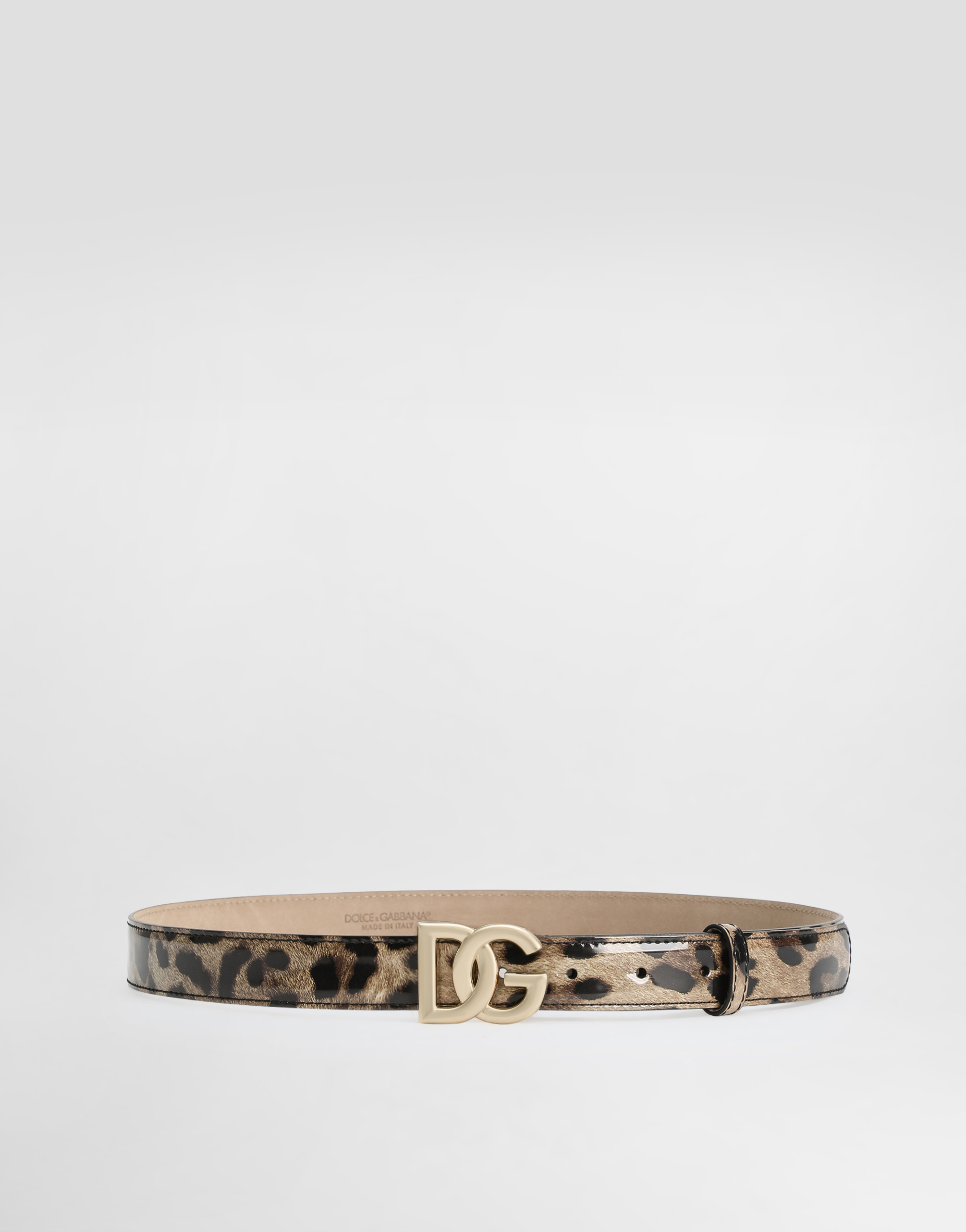 Dolce & Gabbana Leopard-print Glossy Calfskin Belt With Dg Logo In Animal Print