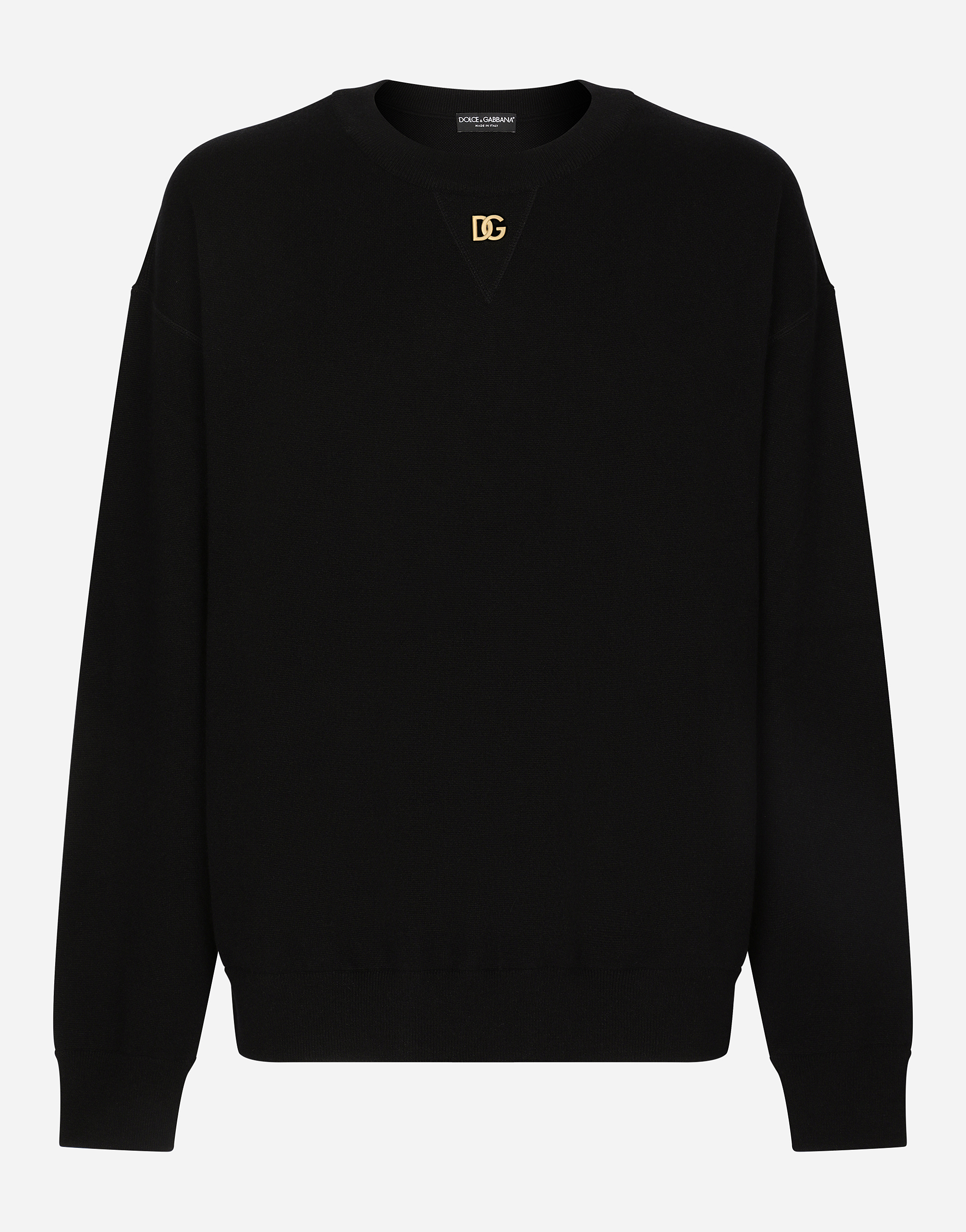 Dolce & Gabbana Cashmere Round-neck Sweater With Dg Logo - Man Sweaters And Cardigans Black M
