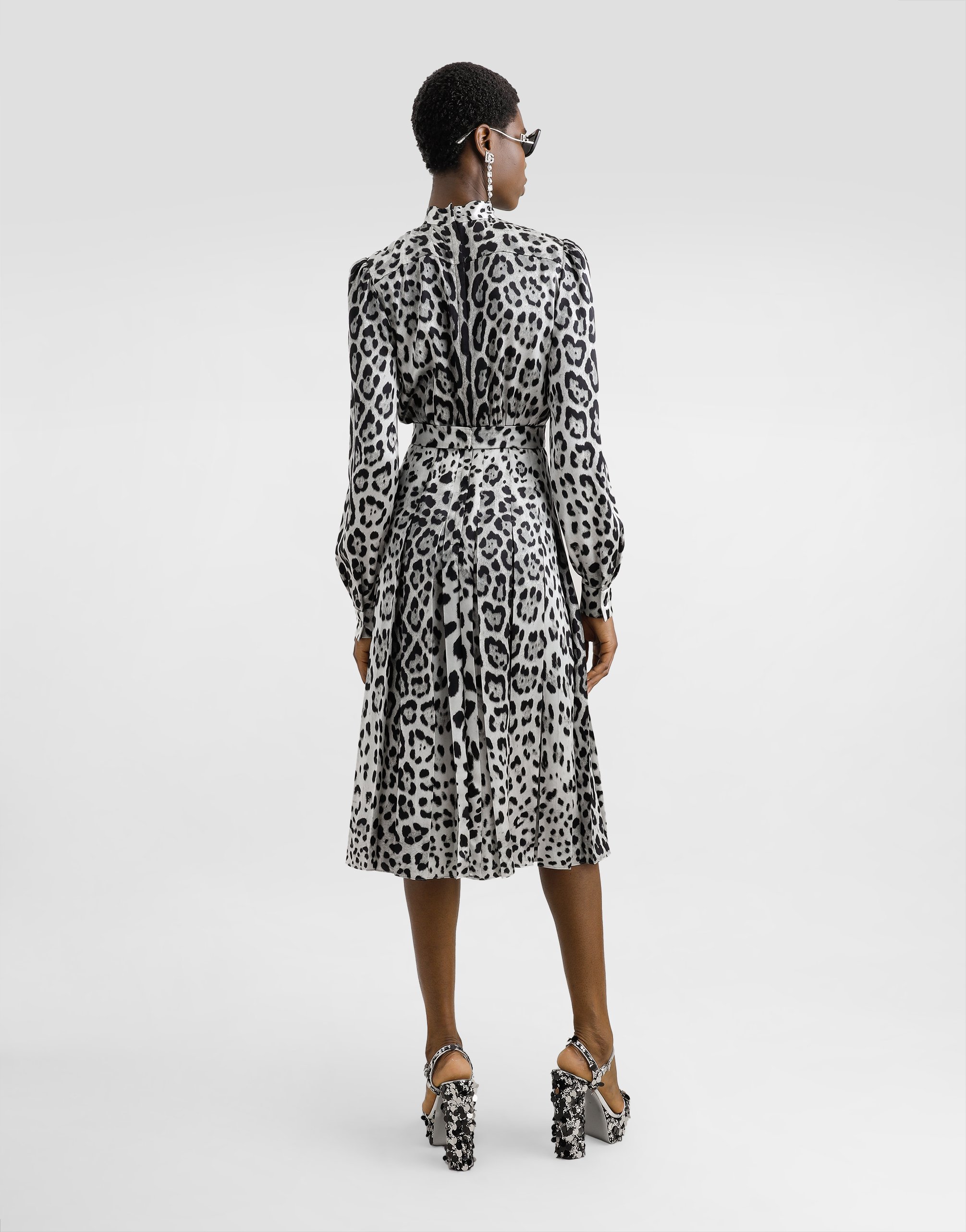 Dolce & Gabbana Satin Calf-length Shirt Dress With Pussy-bow And Leopard Print In Print