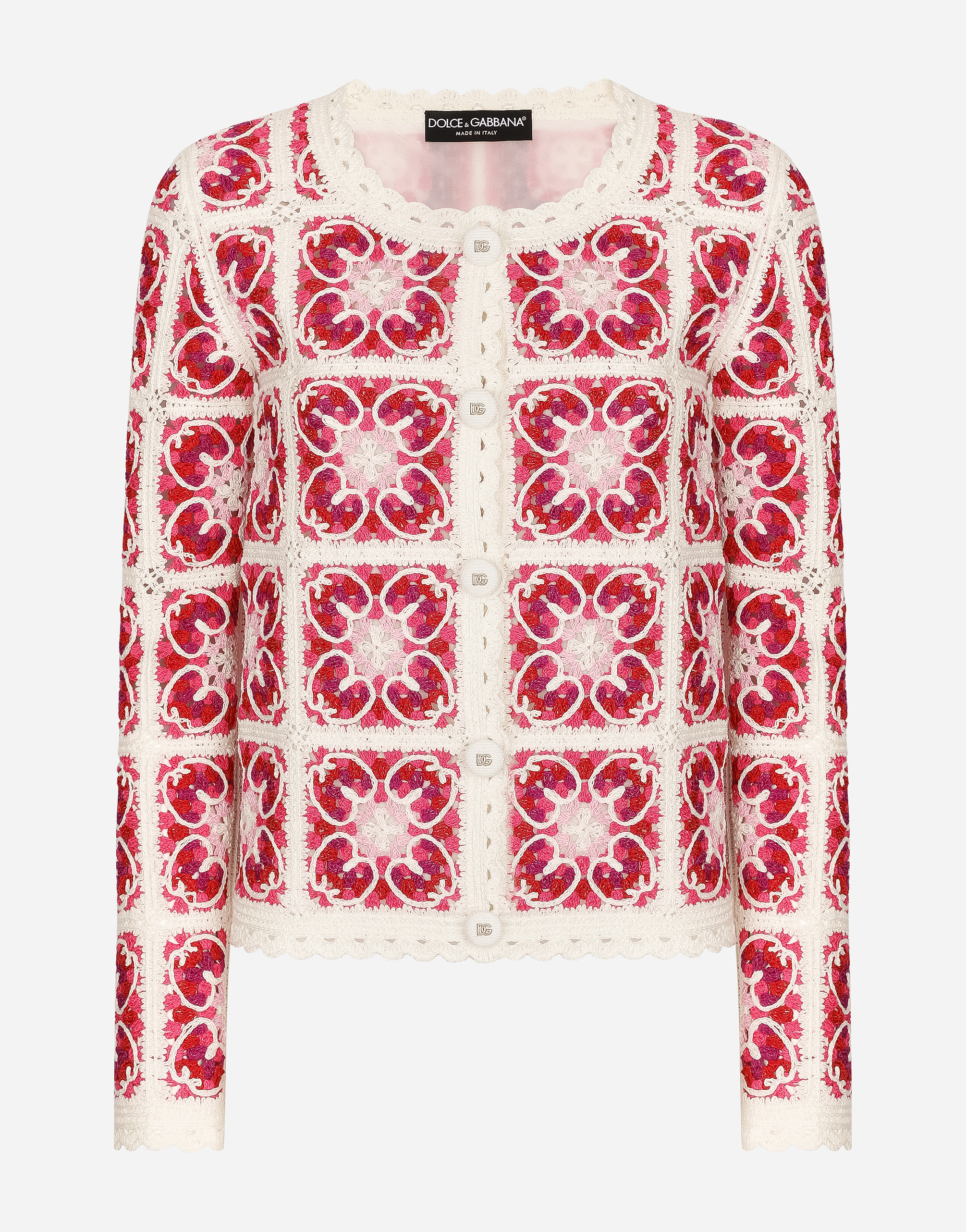 DOLCE & GABBANA BRICK-STITCHED CROCHET CARDIGAN WITH MAJOLICA PRINT