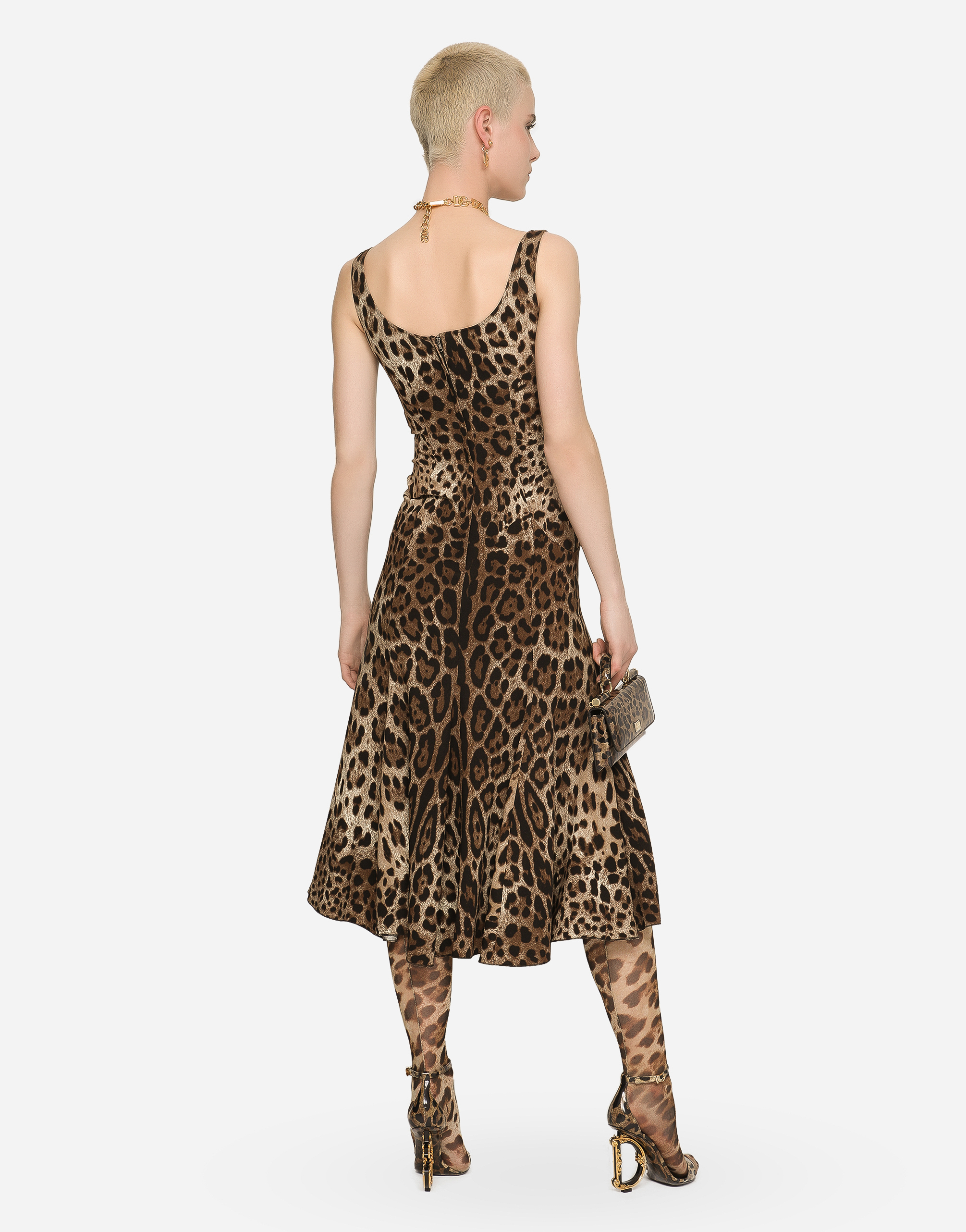 Leopard-print calf-length cady dress