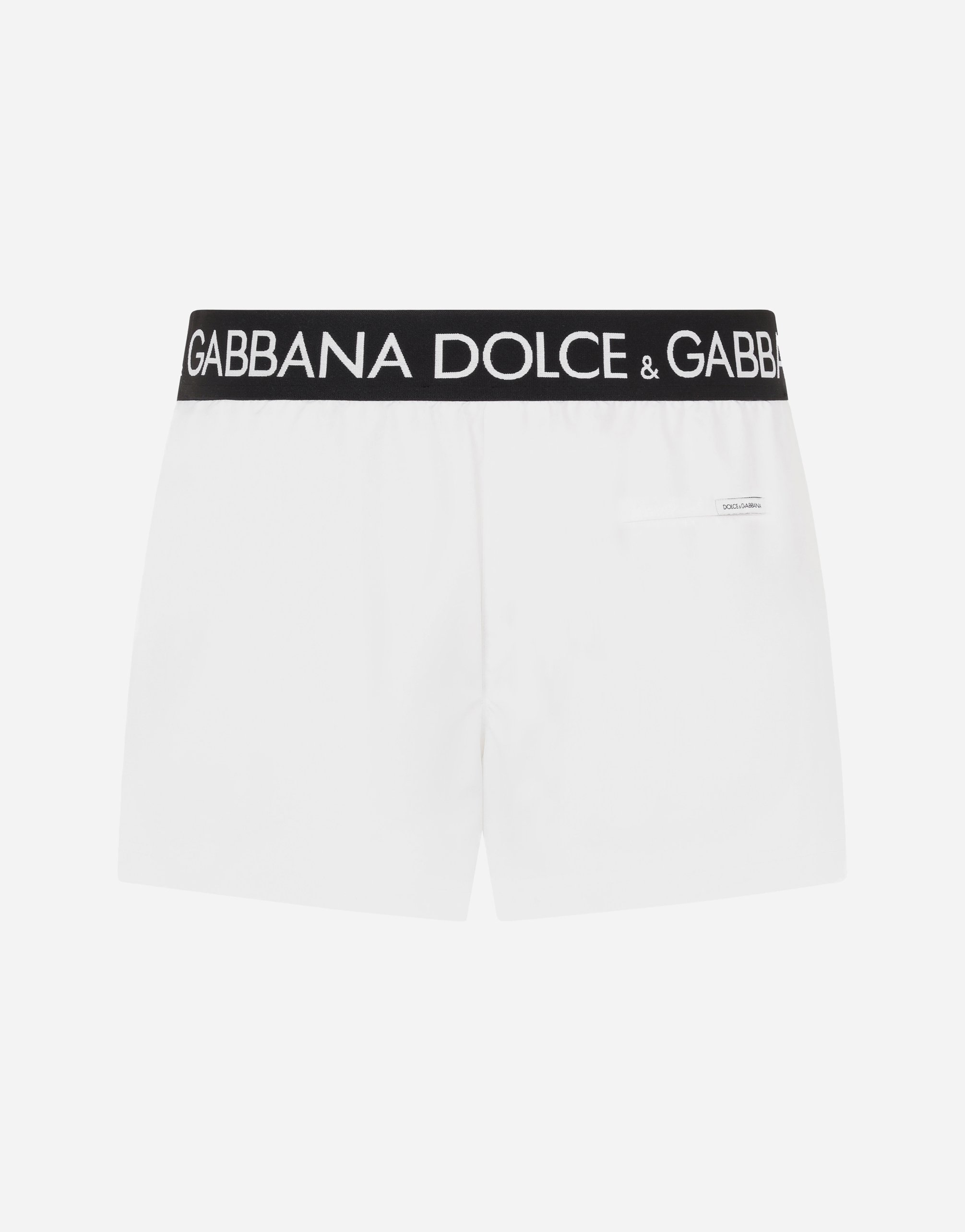 Shop Dolce & Gabbana Short Swim Trunks With Branded Stretch Waistband In White