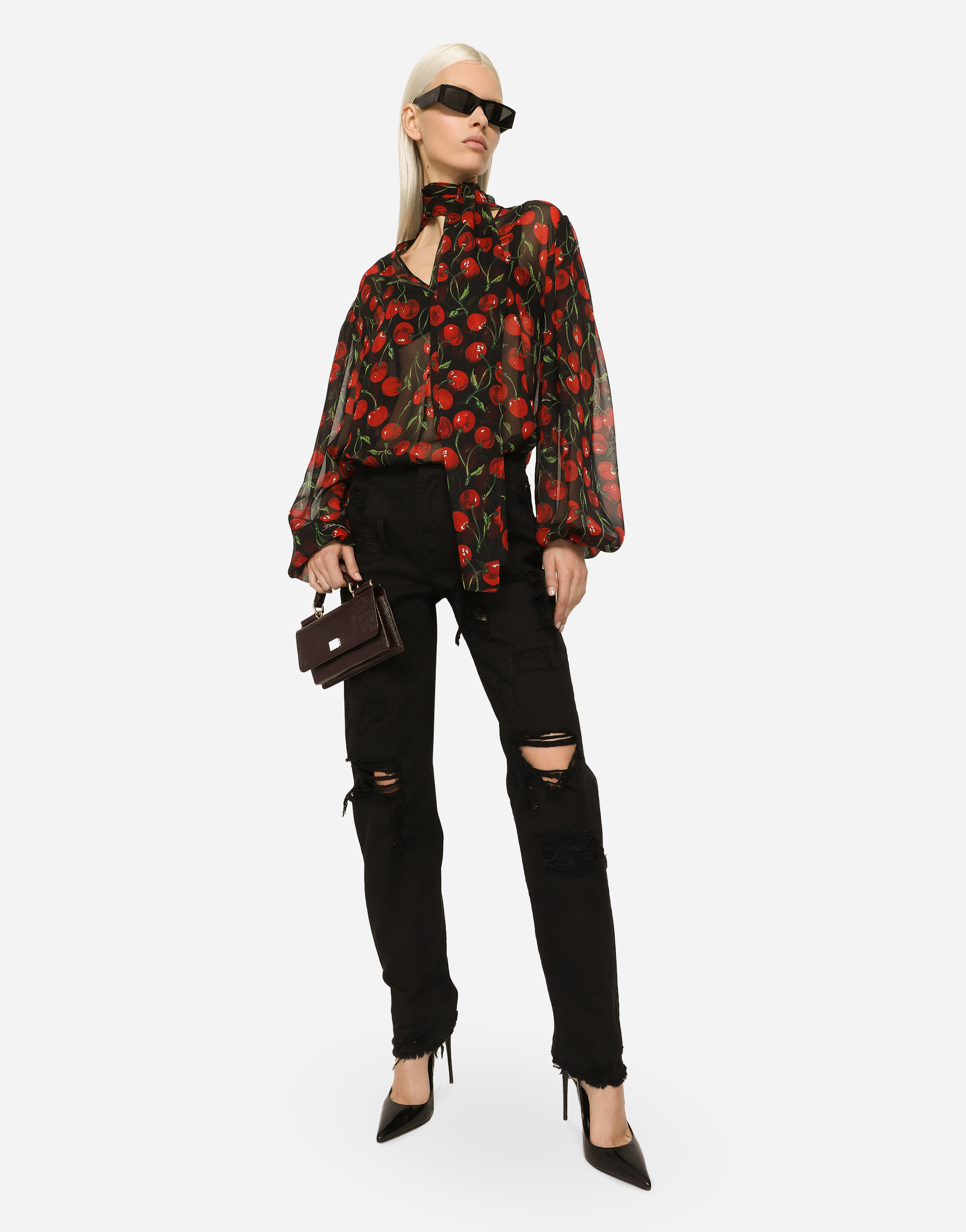 DOLCE & GABBANA CHERRY-PRINT CHIFFON PUSSY-BOW BLOUSE