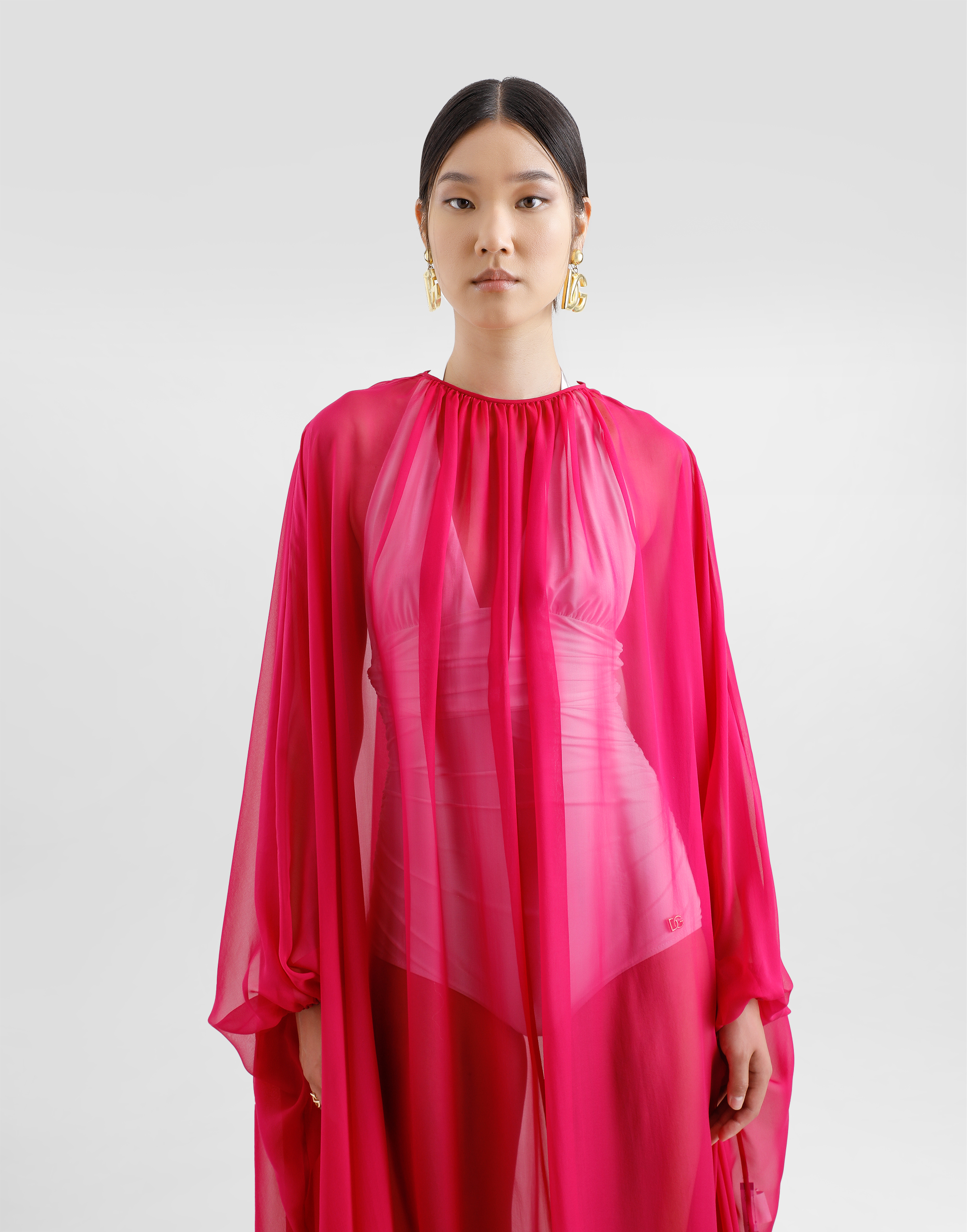 Dolce & Gabbana Long Silk Chiffon Caftan With Drawstring In Purple