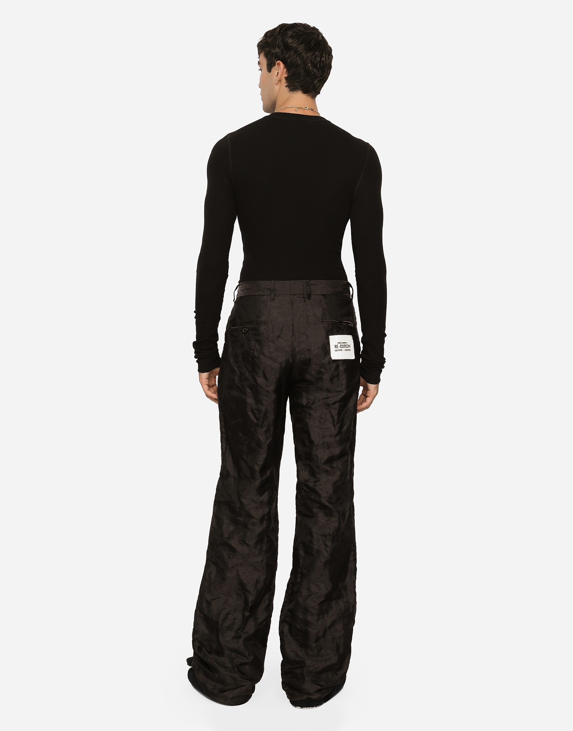 DOLCE & GABBANA TAILORED STRAIGHT-LEG PANTS IN METALLIC TECHNICAL FABRIC AND SILK