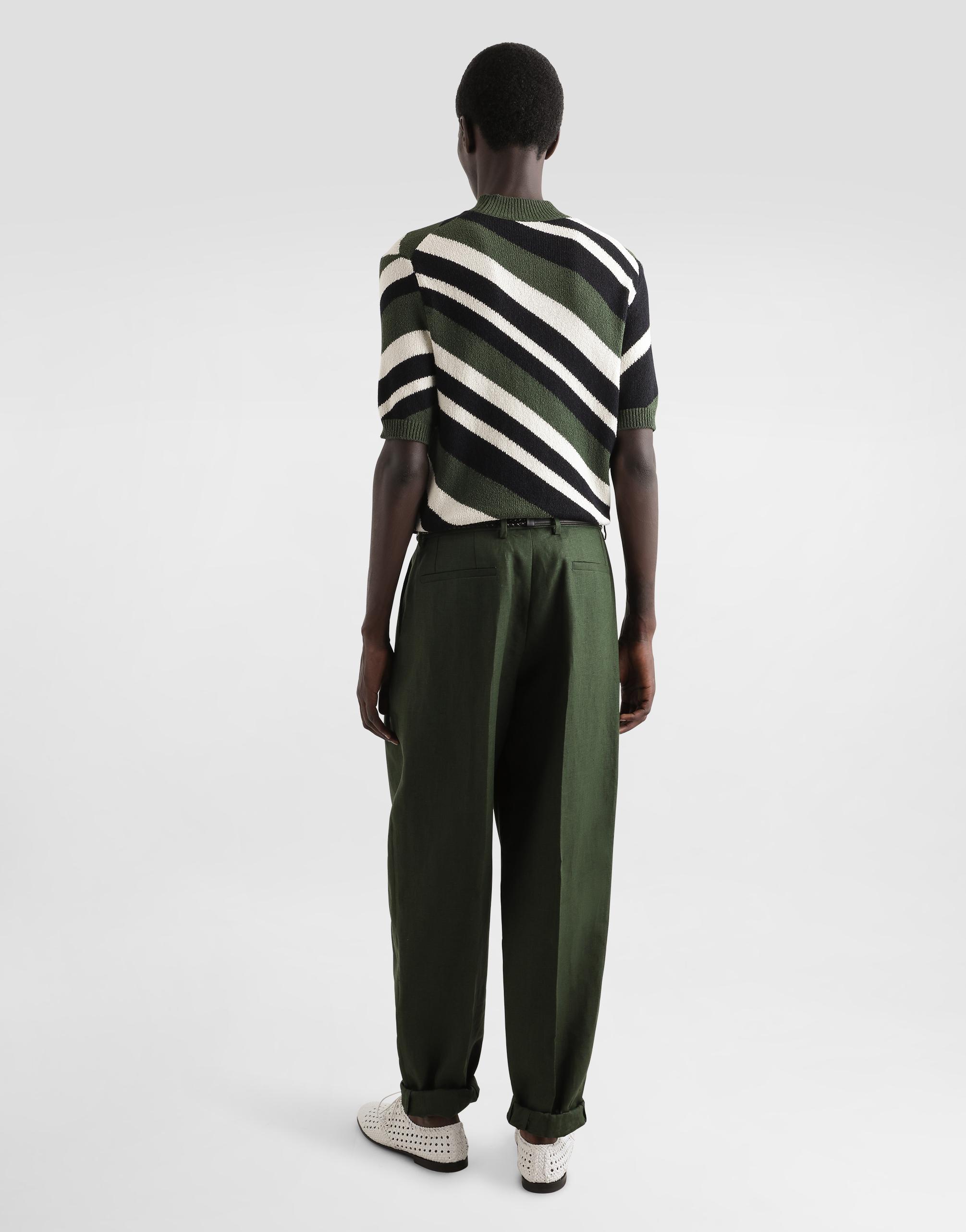 Short-sleeved cotton mock-turtleneck with striped inlay
