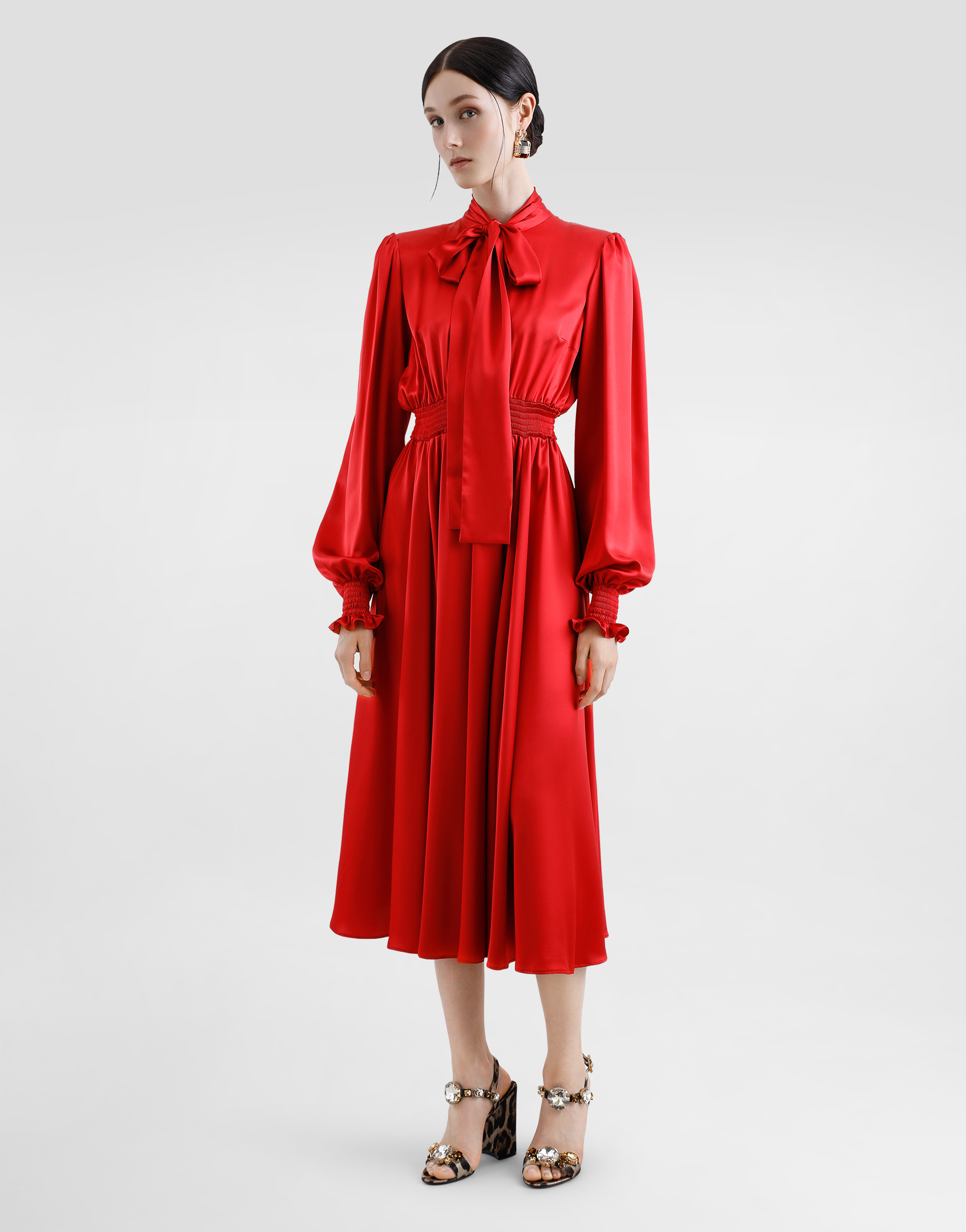 Dolce & Gabbana Silk Satin Shirt Dress With Pussy-bow In Bordeaux
