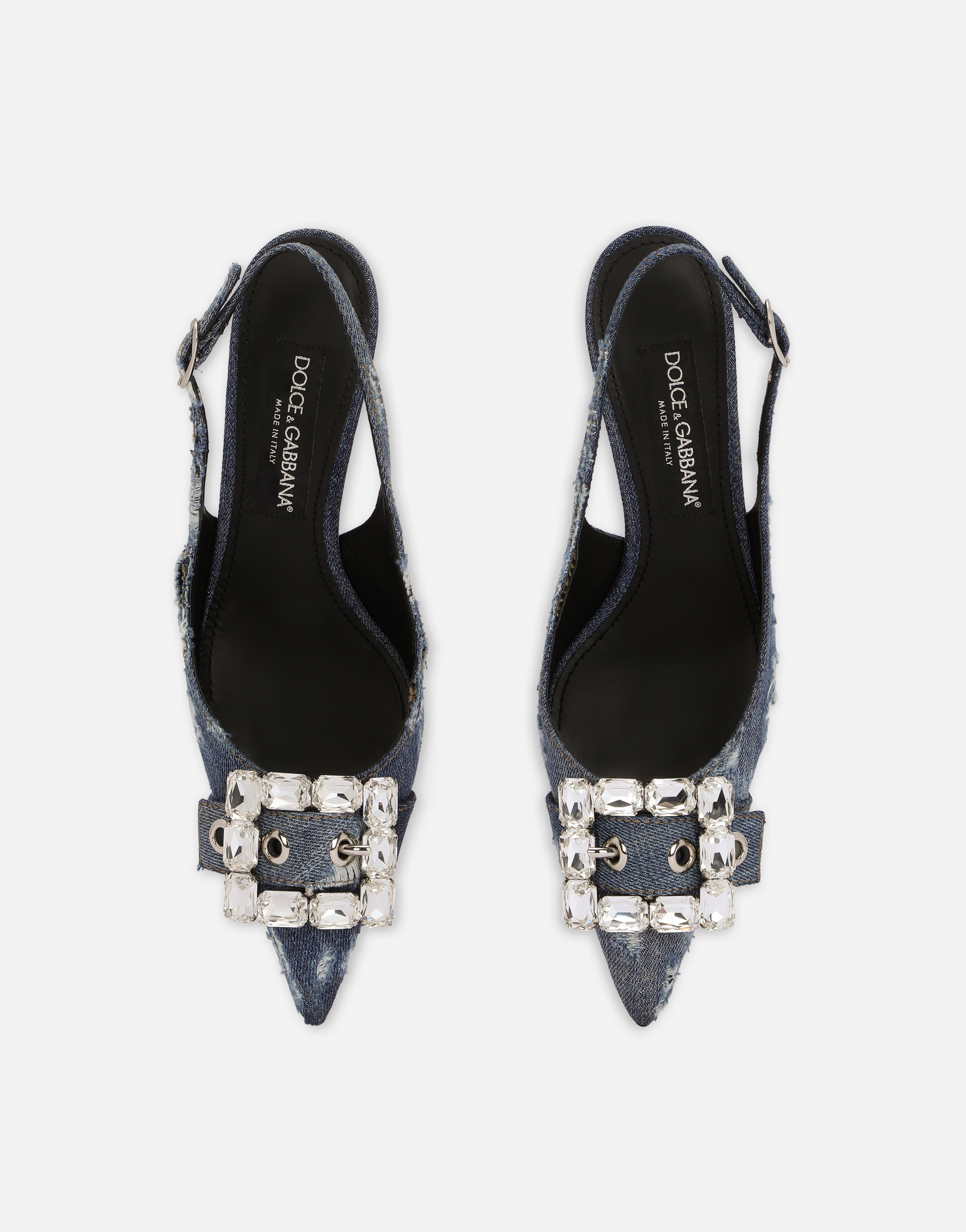DOLCE & GABBANA PATCHWORK DENIM SLINGBACKS WITH RHINESTONE BUCKLE