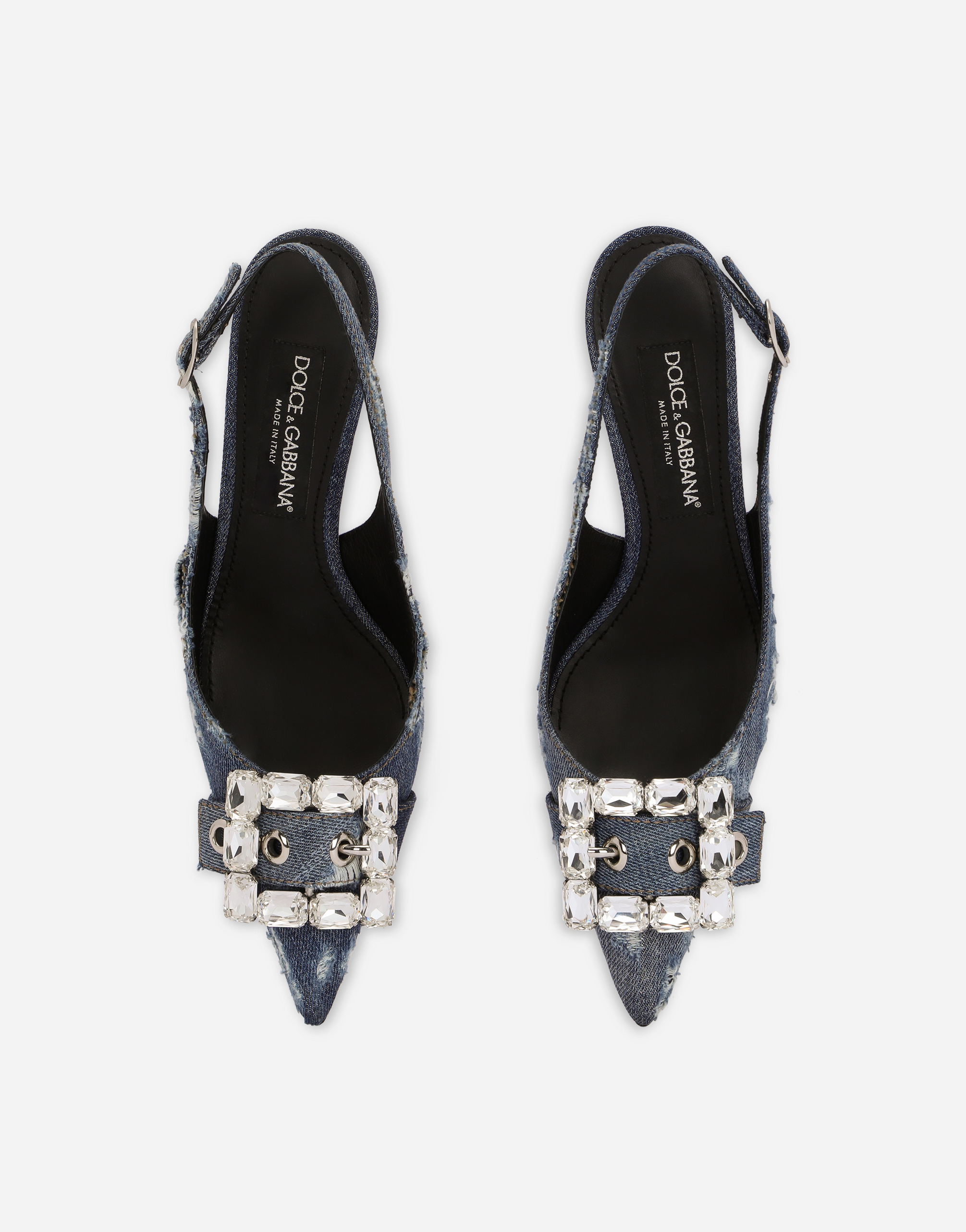 Shop Dolce & Gabbana Patchwork Denim Slingbacks With Rhinestone Buckle In Blue