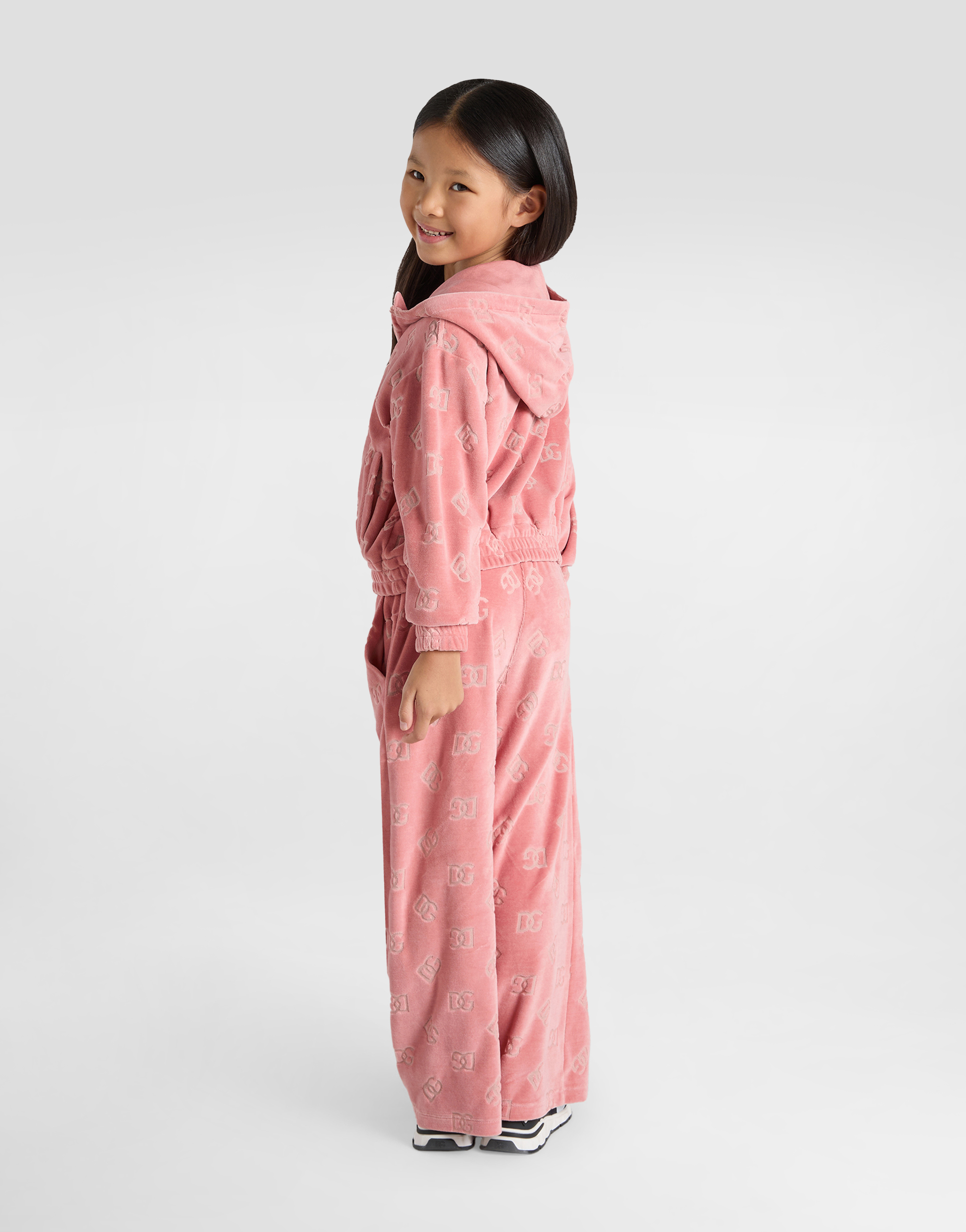 Dolce & Gabbana Chenille Hoodie With Jacquard Dg Logo In Pink