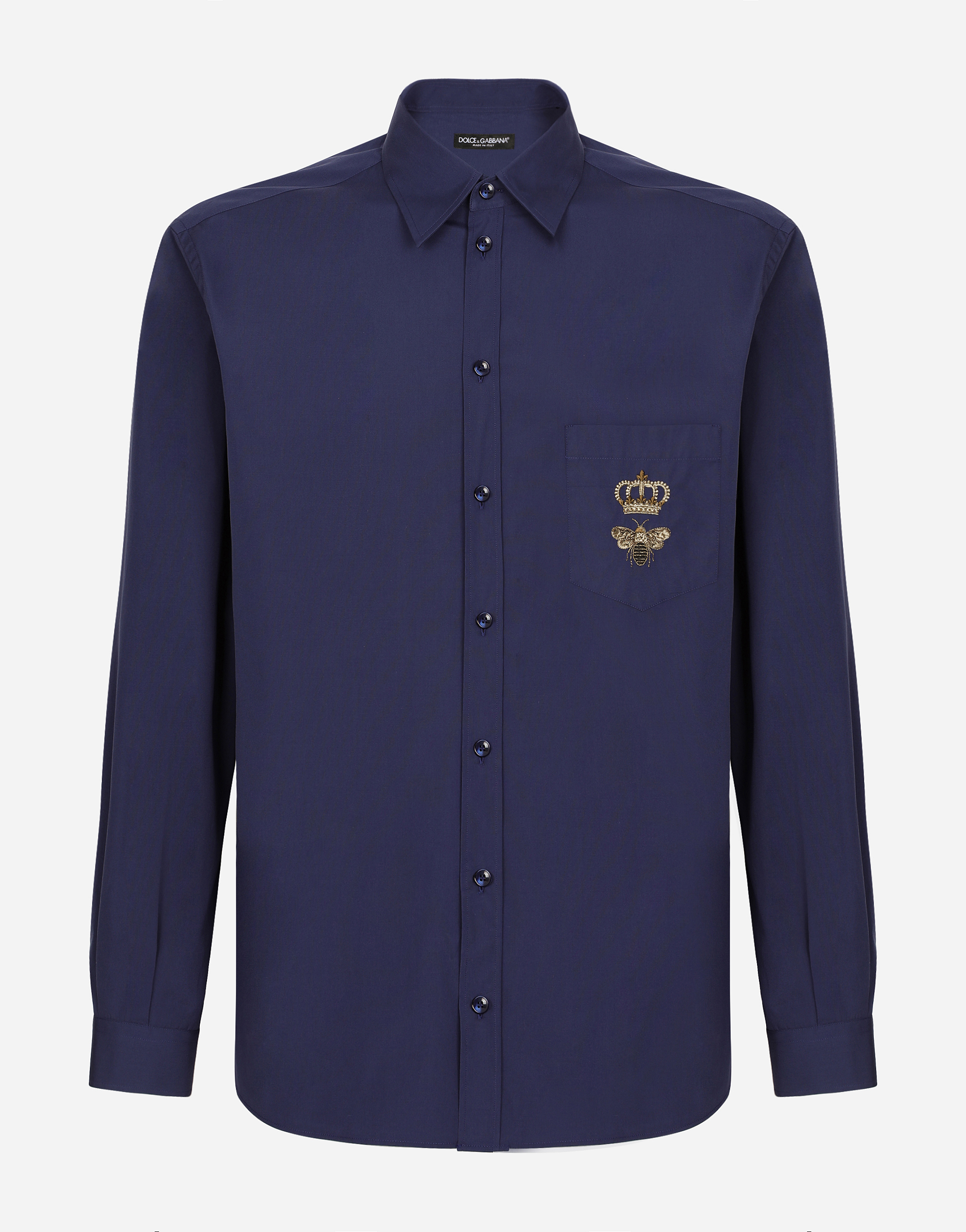 Camicia martini cotone con ricamo in Blu da Uomo Dolce Gabbana
