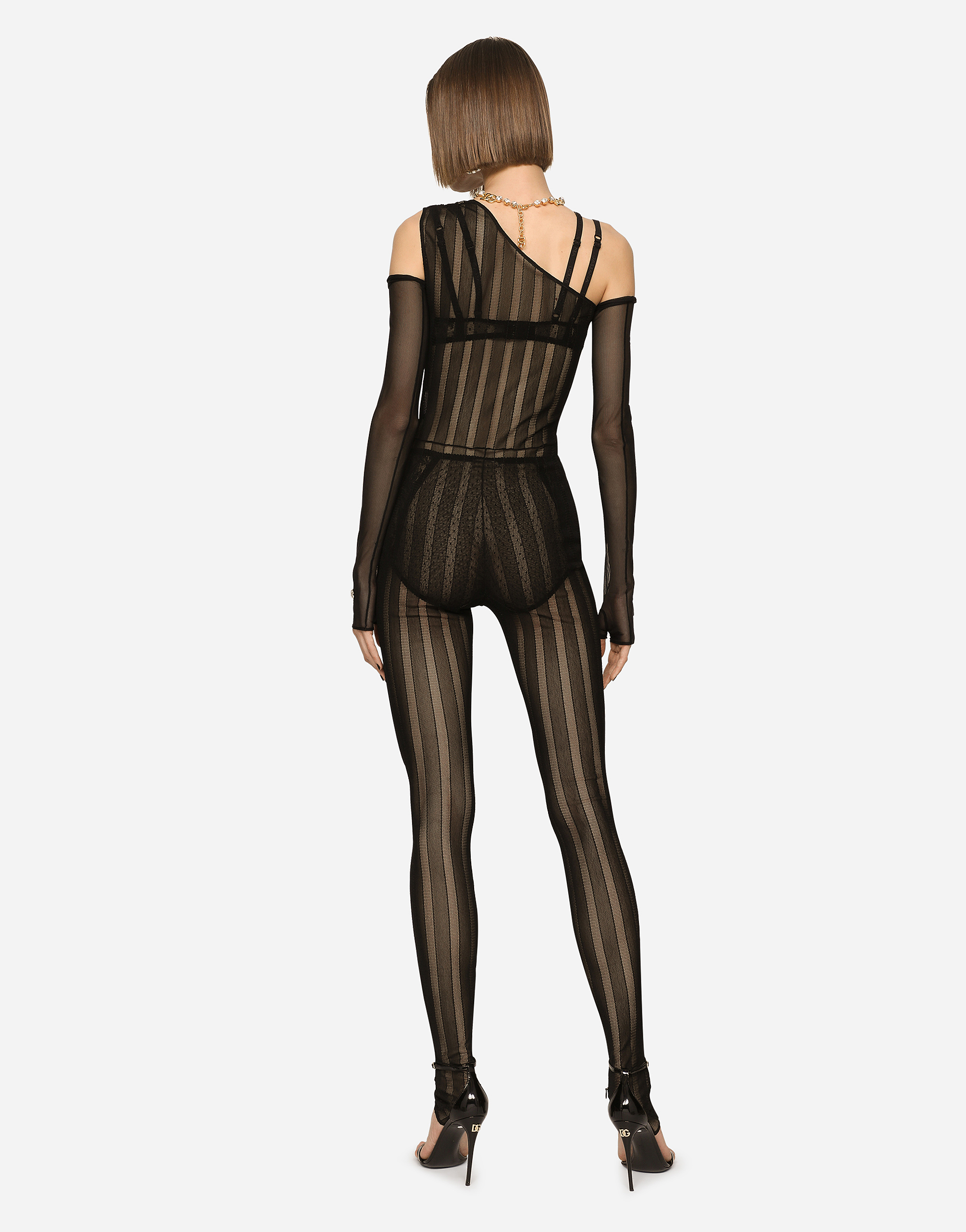 Dolce & Gabbana One-shoulder Tulle Jacquard Jumpsuit In Black