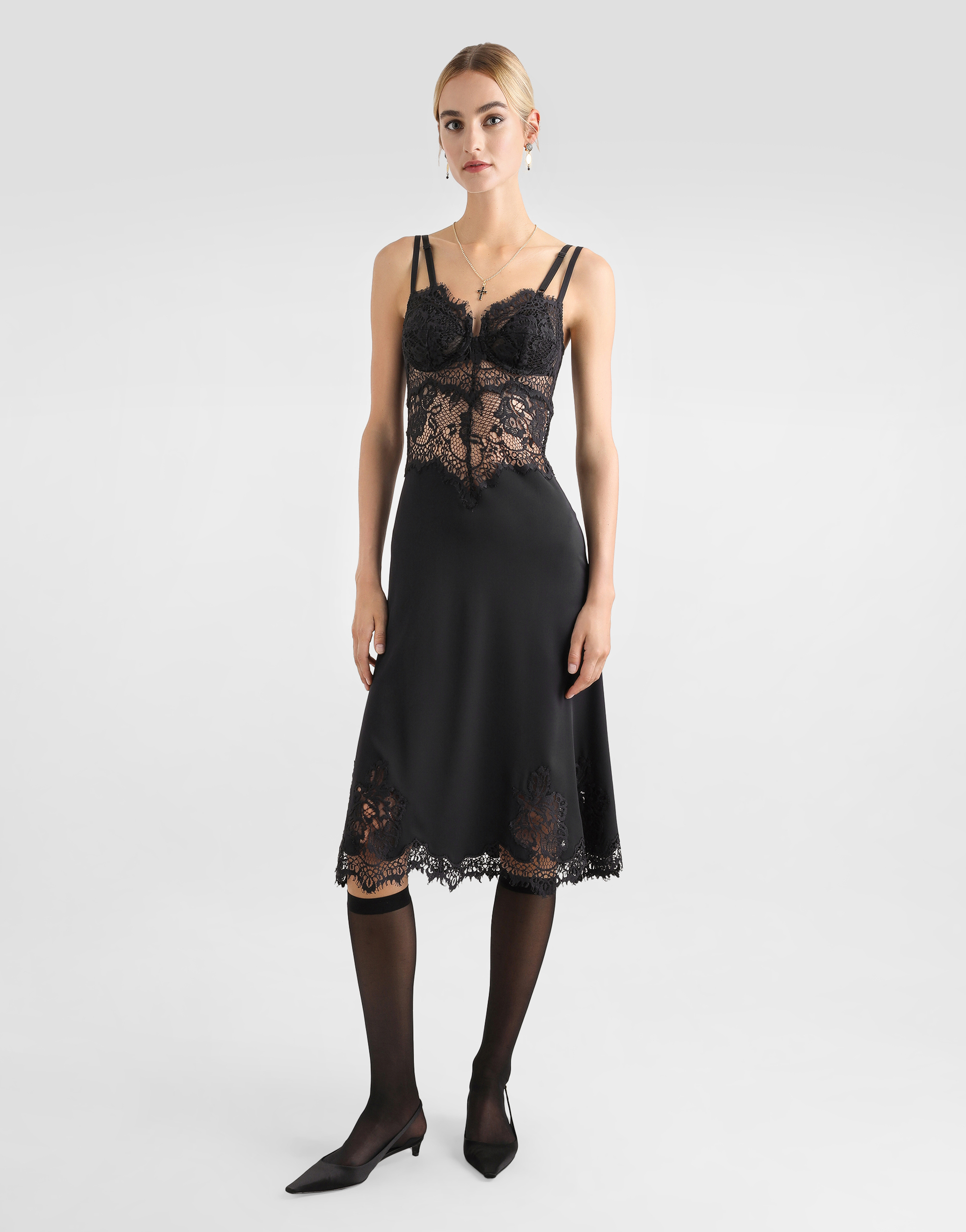 Lace and charmeuse calf-length slip dress