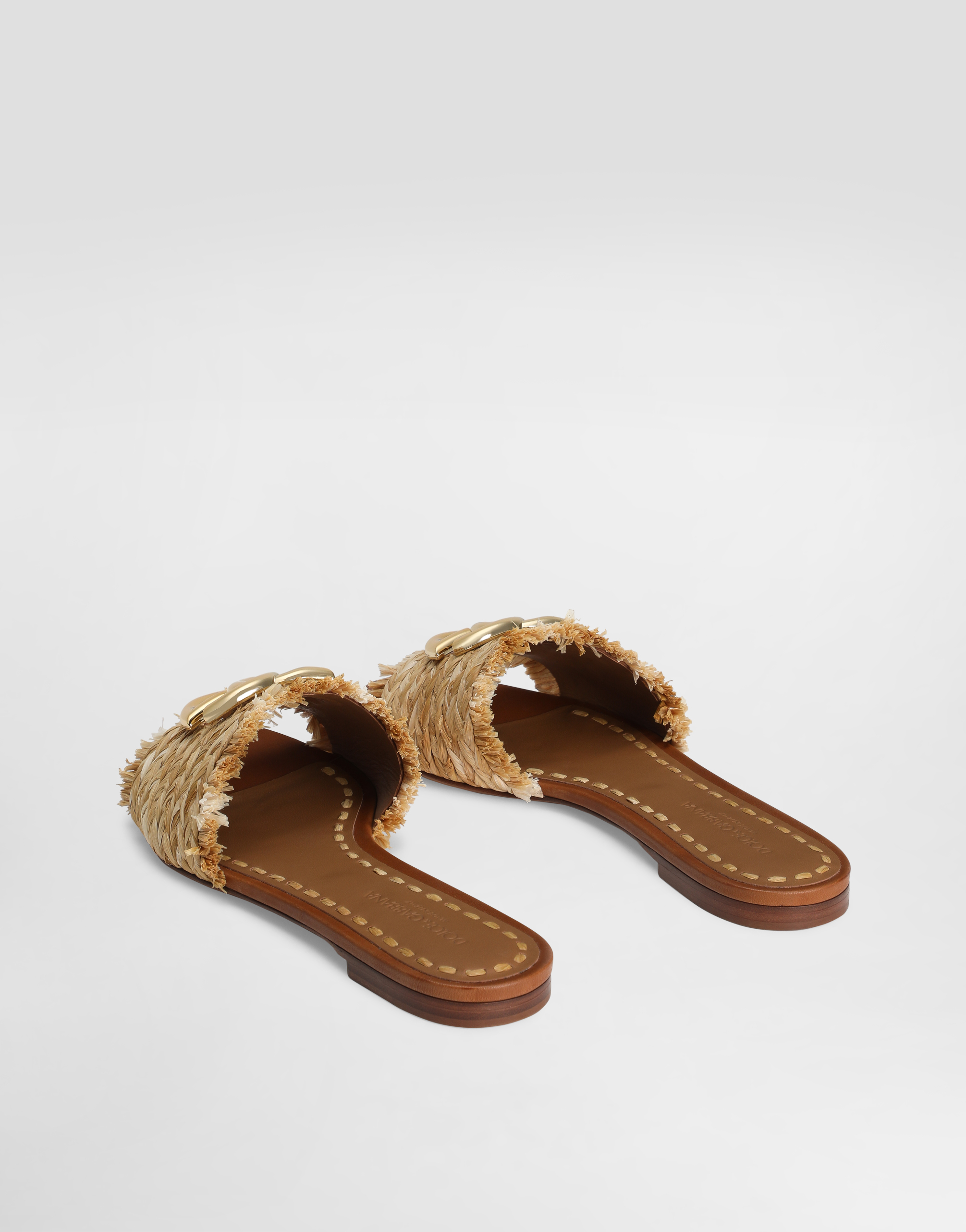 Dolce & Gabbana Women Beige Sandals With Fringed Details And Logo Plaque On The Front In Raffia Woma In Neutral