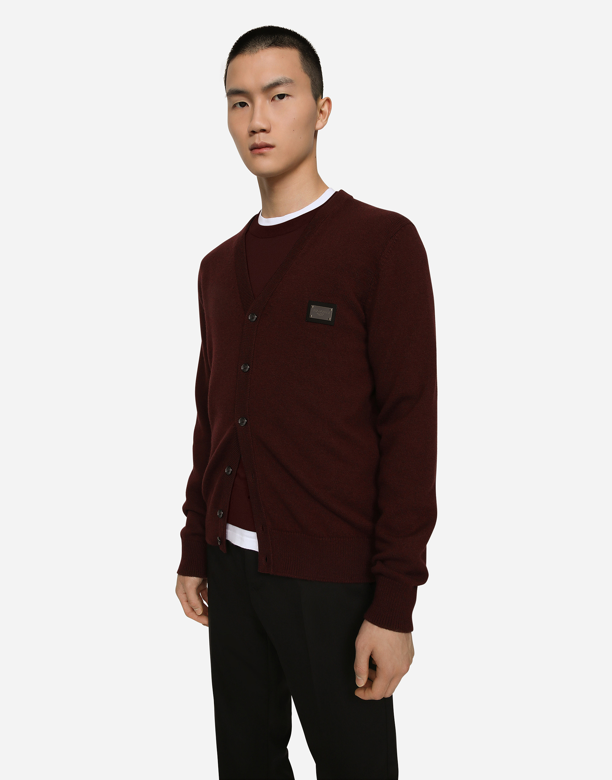 Shop Dolce & Gabbana Cashmere And Wool Cardigan With Branded Tag In Bordeaux