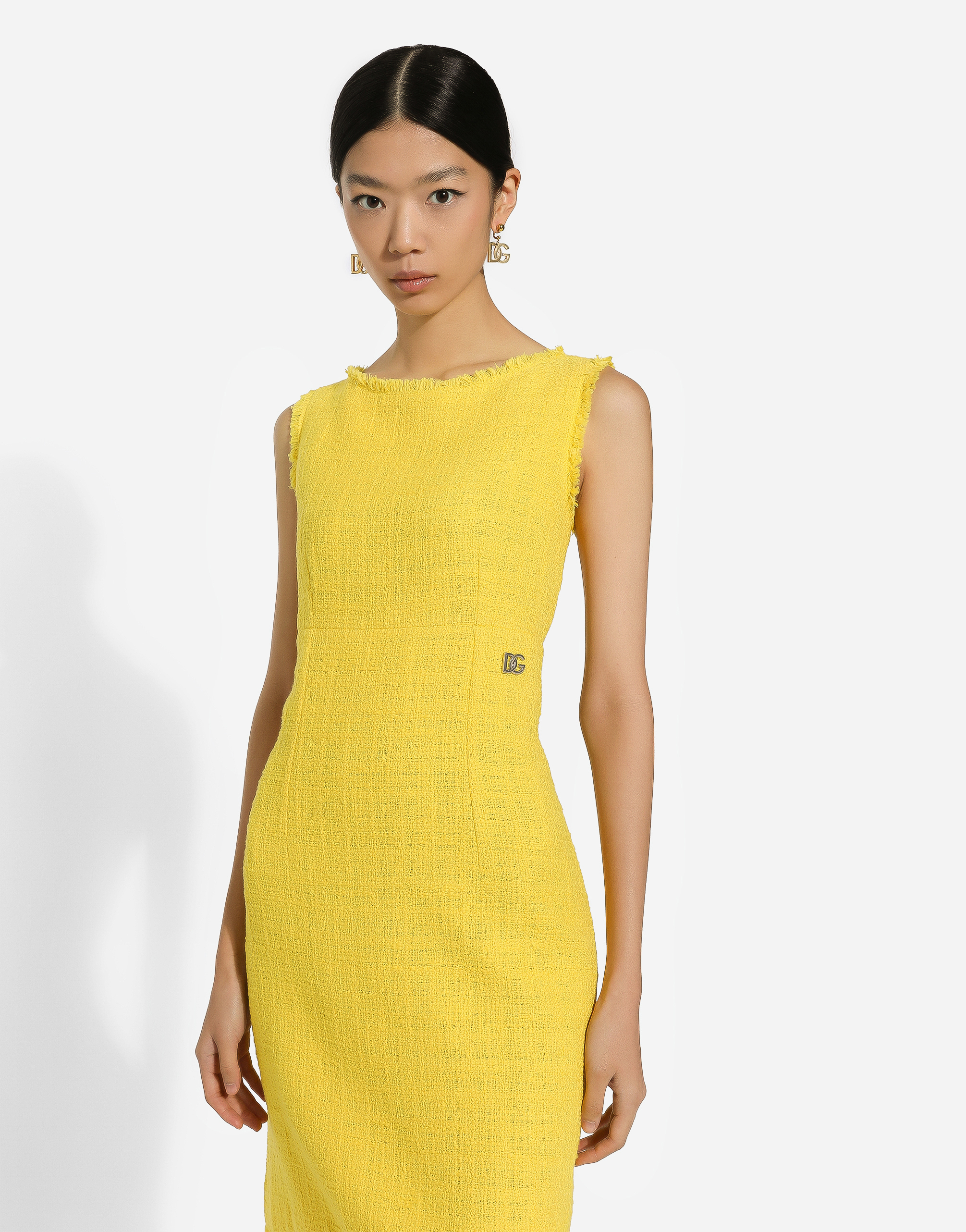 Shop Dolce & Gabbana Raschel Tweed Calf-length Dress With Dg Logo In Yellow