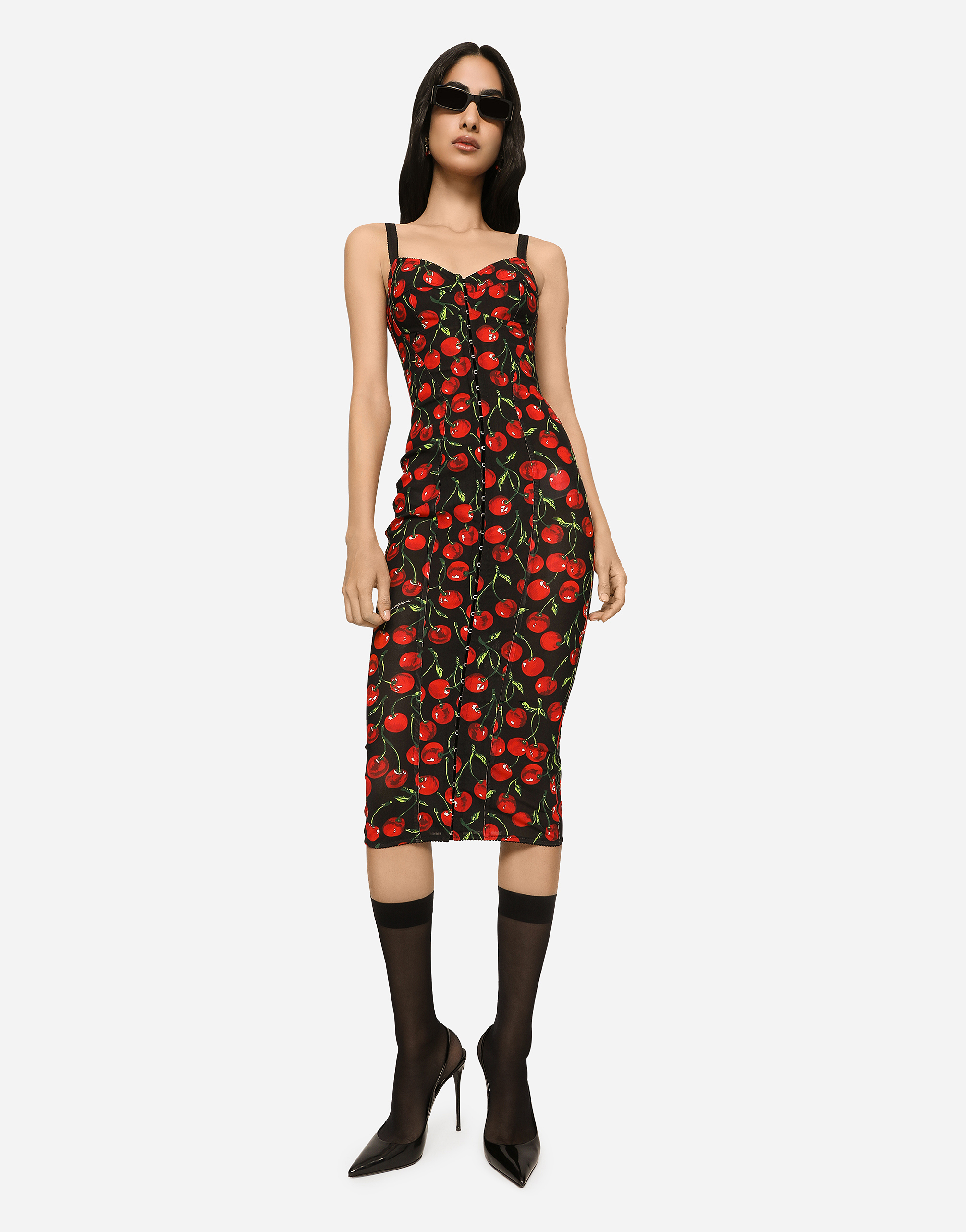 Shop Dolce & Gabbana Cherry-print Stretch Calf-length Corset Dress In Multicolor