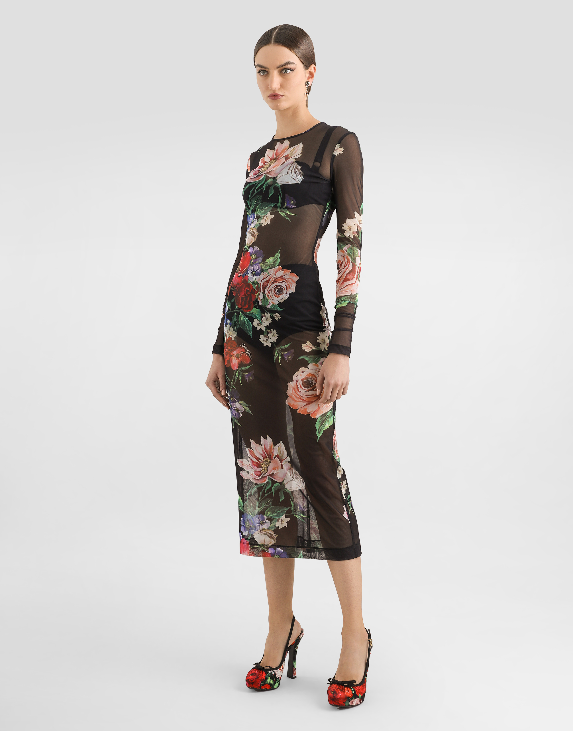 Dolce & Gabbana Tulle Calf-length Dress With Floral Print In Stampa
