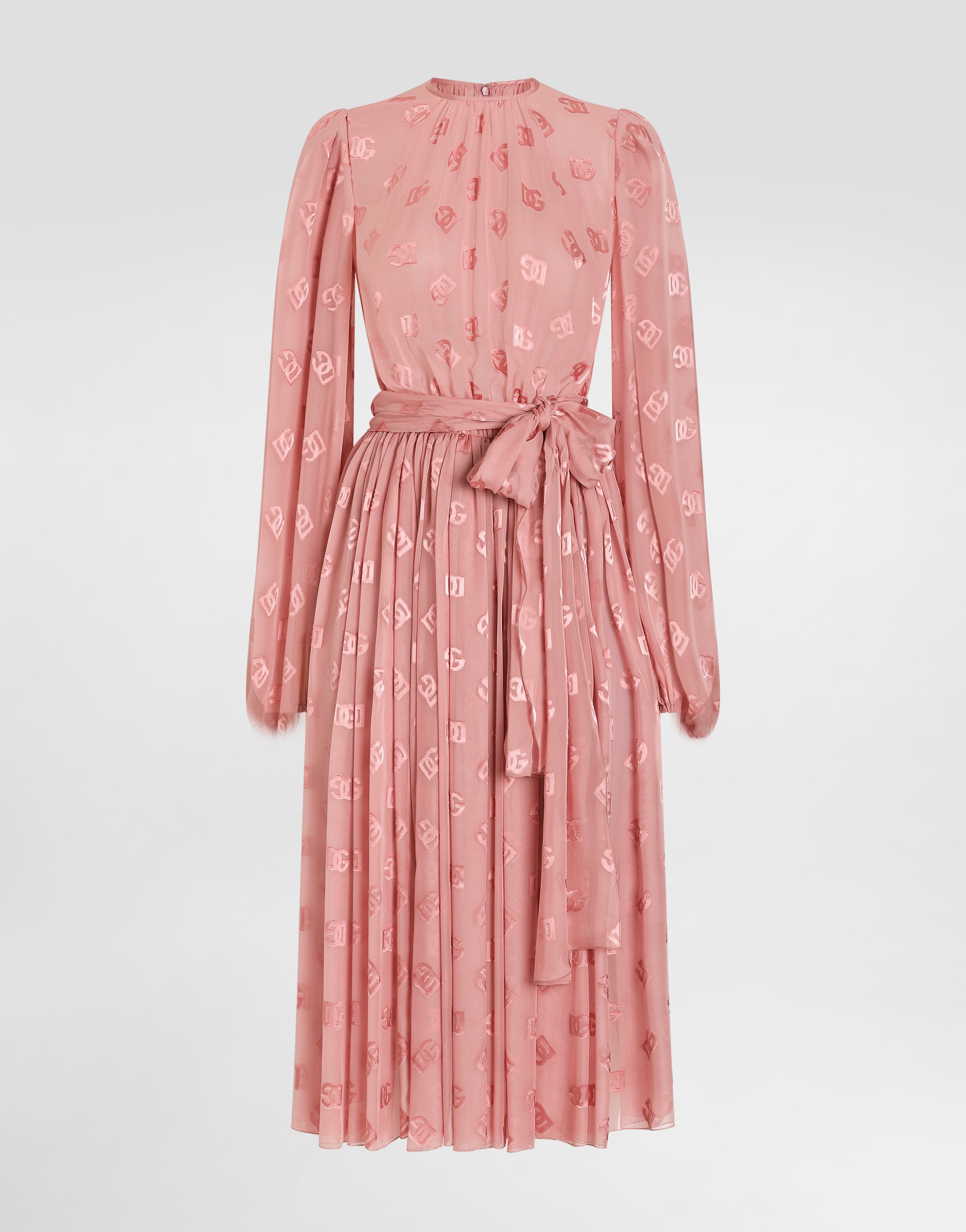 Dolce & Gabbana Dévoré Silk Jacquard Calf-length Dress With Dg Logo - Woman Dresses Pink