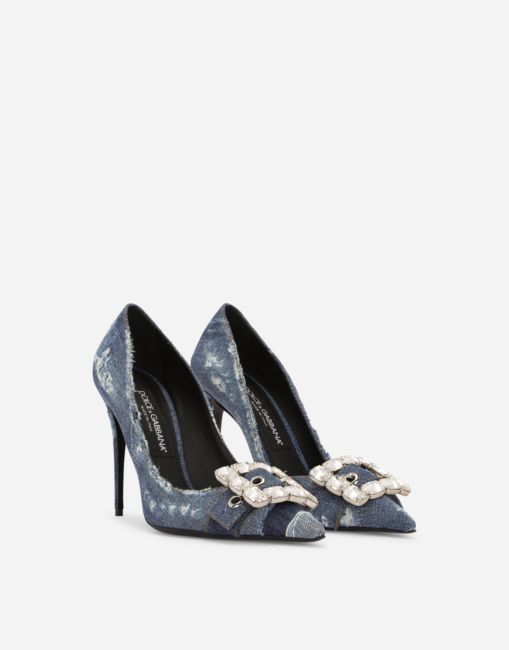 Shop Dolce & Gabbana Patchwork Denim Pumps With Rhinestone Buckle In Blue