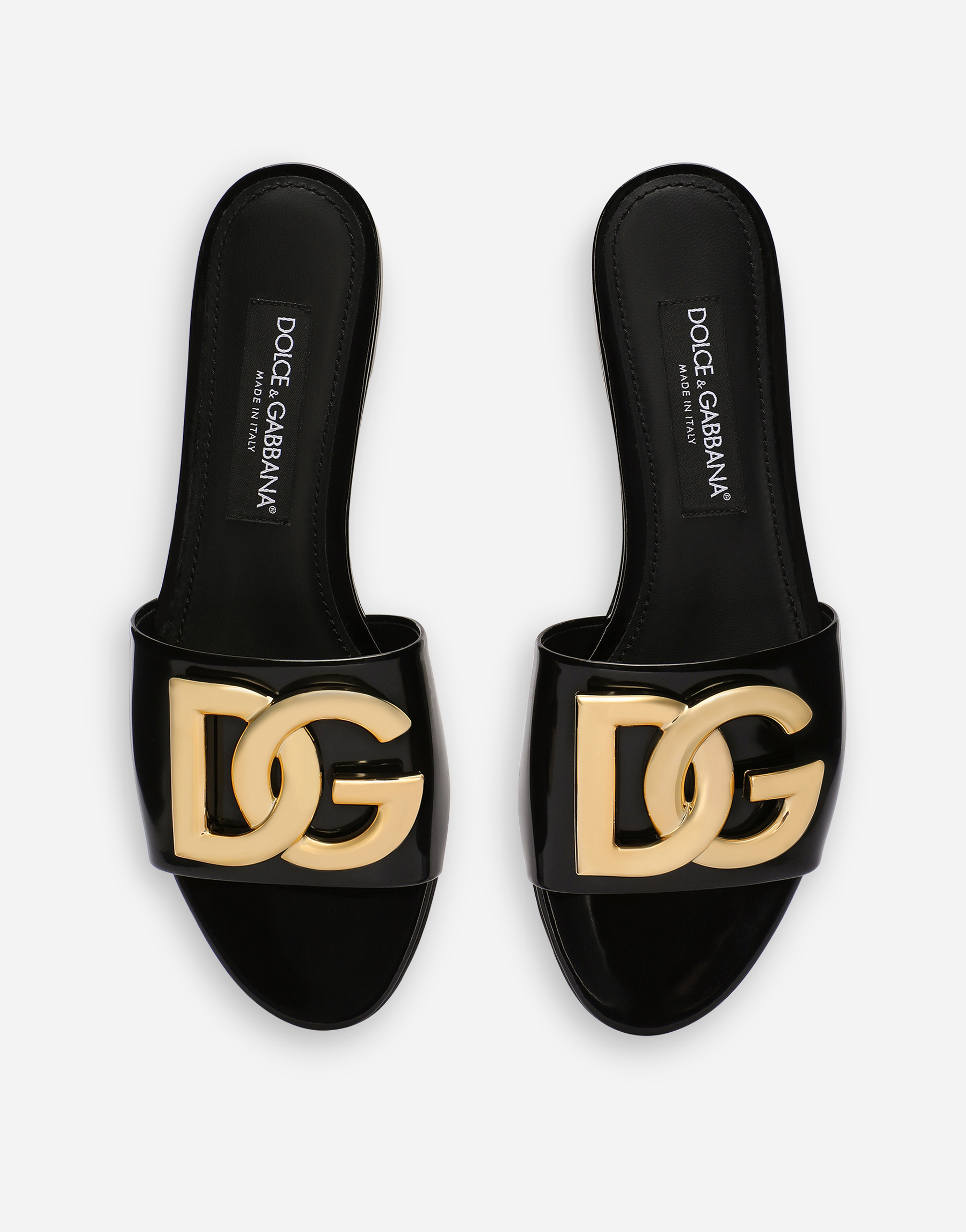 Shop Dolce & Gabbana Polished Calfskin Sliders With Dg Logo In Black