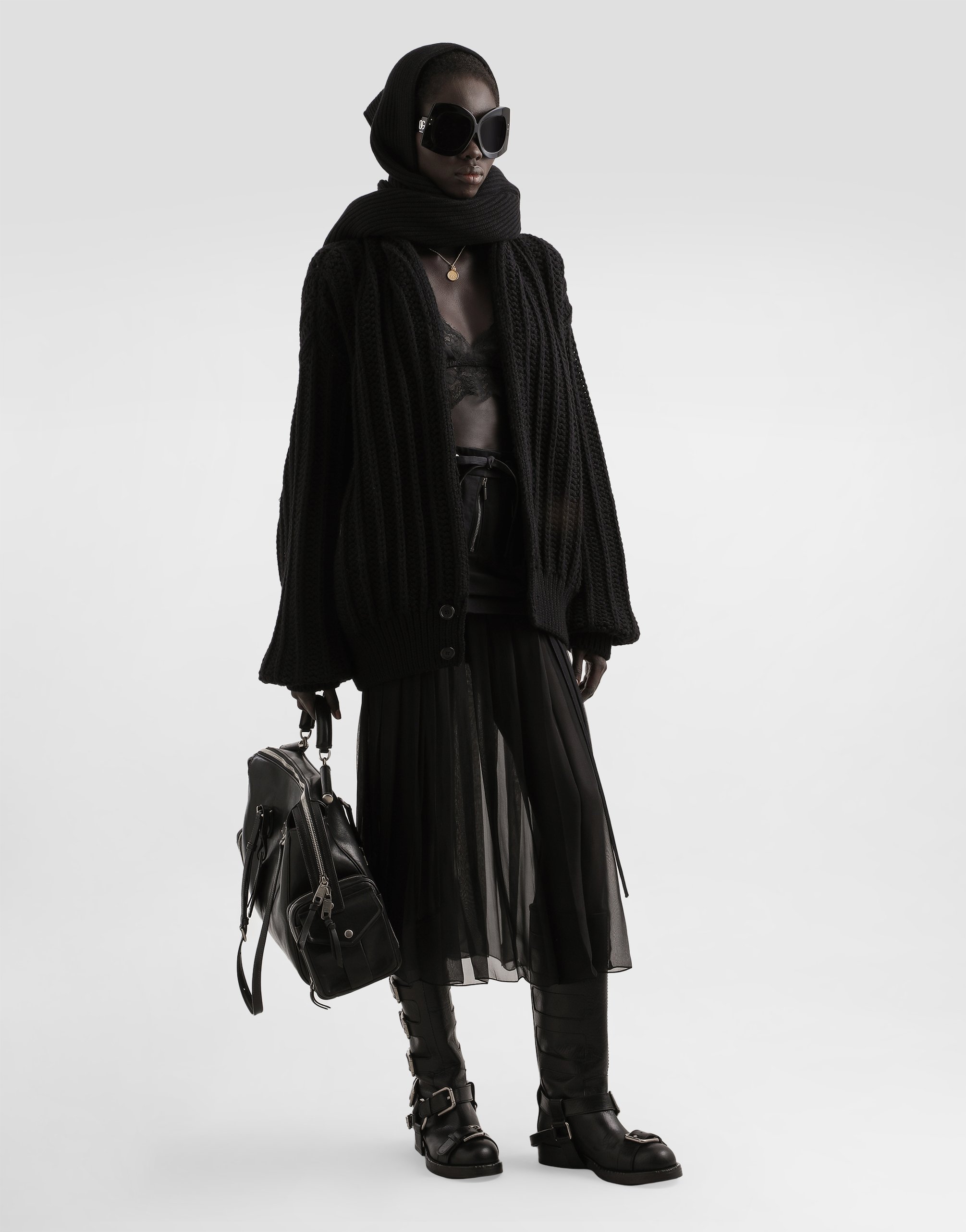 Dolce & Gabbana Twill Midi Skirt With Chiffon In Black