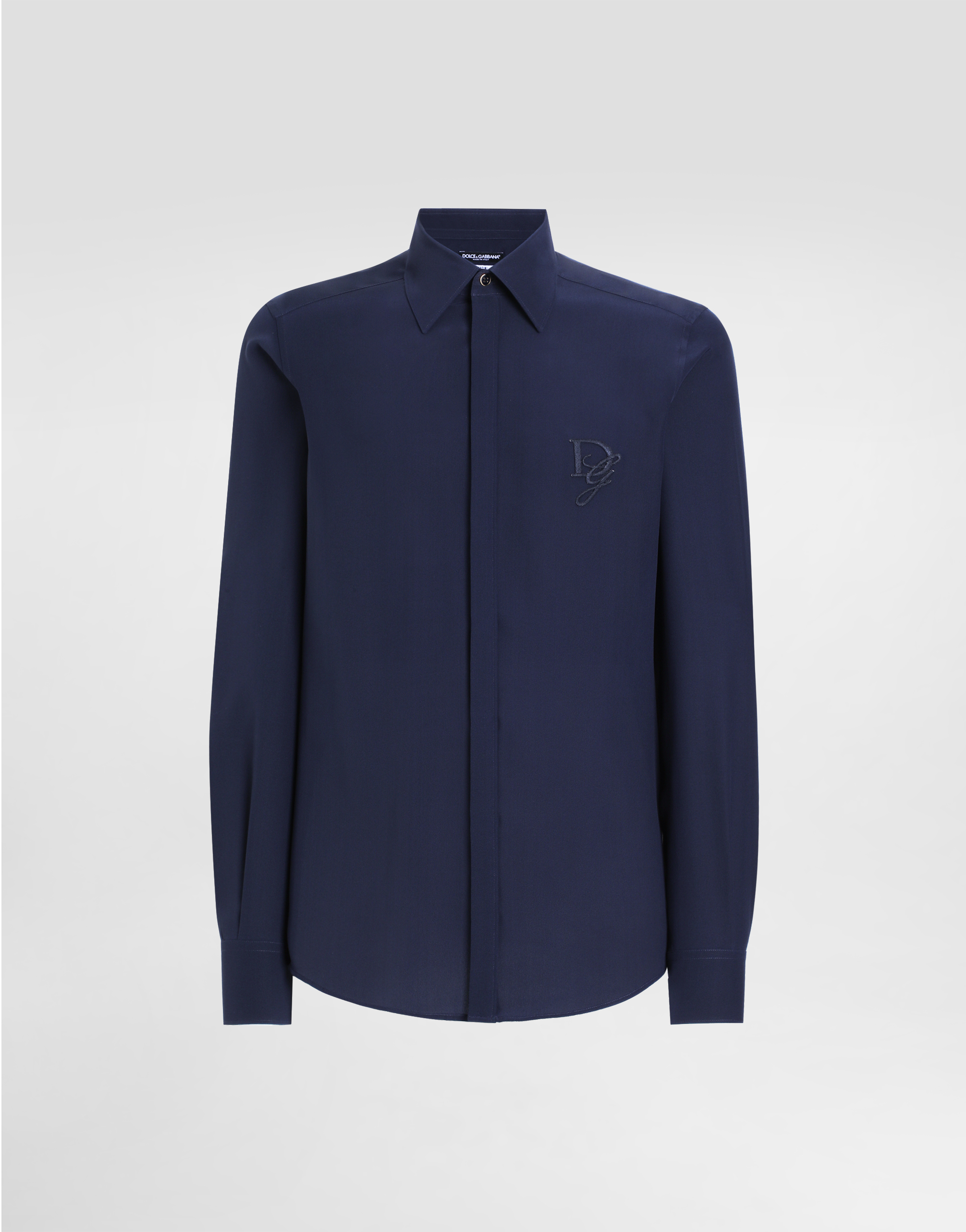 Dolce & Gabbana Silk Shirt With Logo Embroidery In Blue