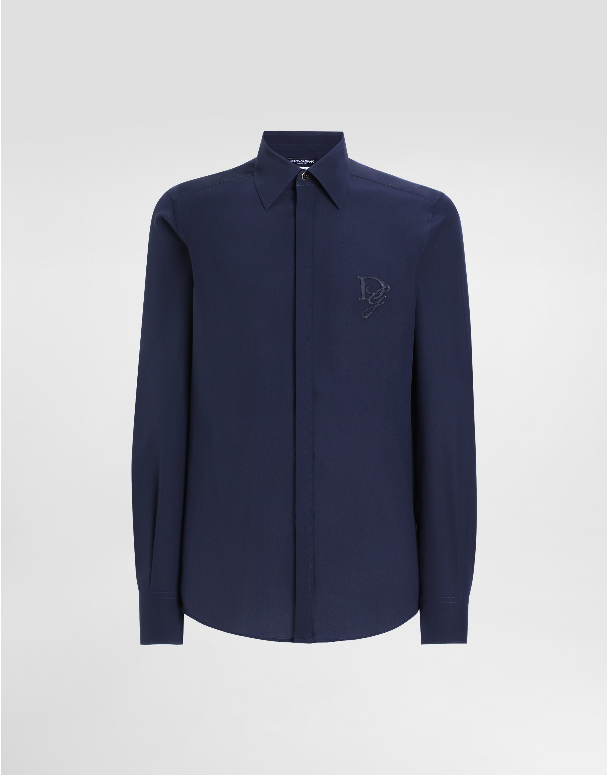 Dolce & Gabbana Silk Shirt With Logo Embroidery In Blue