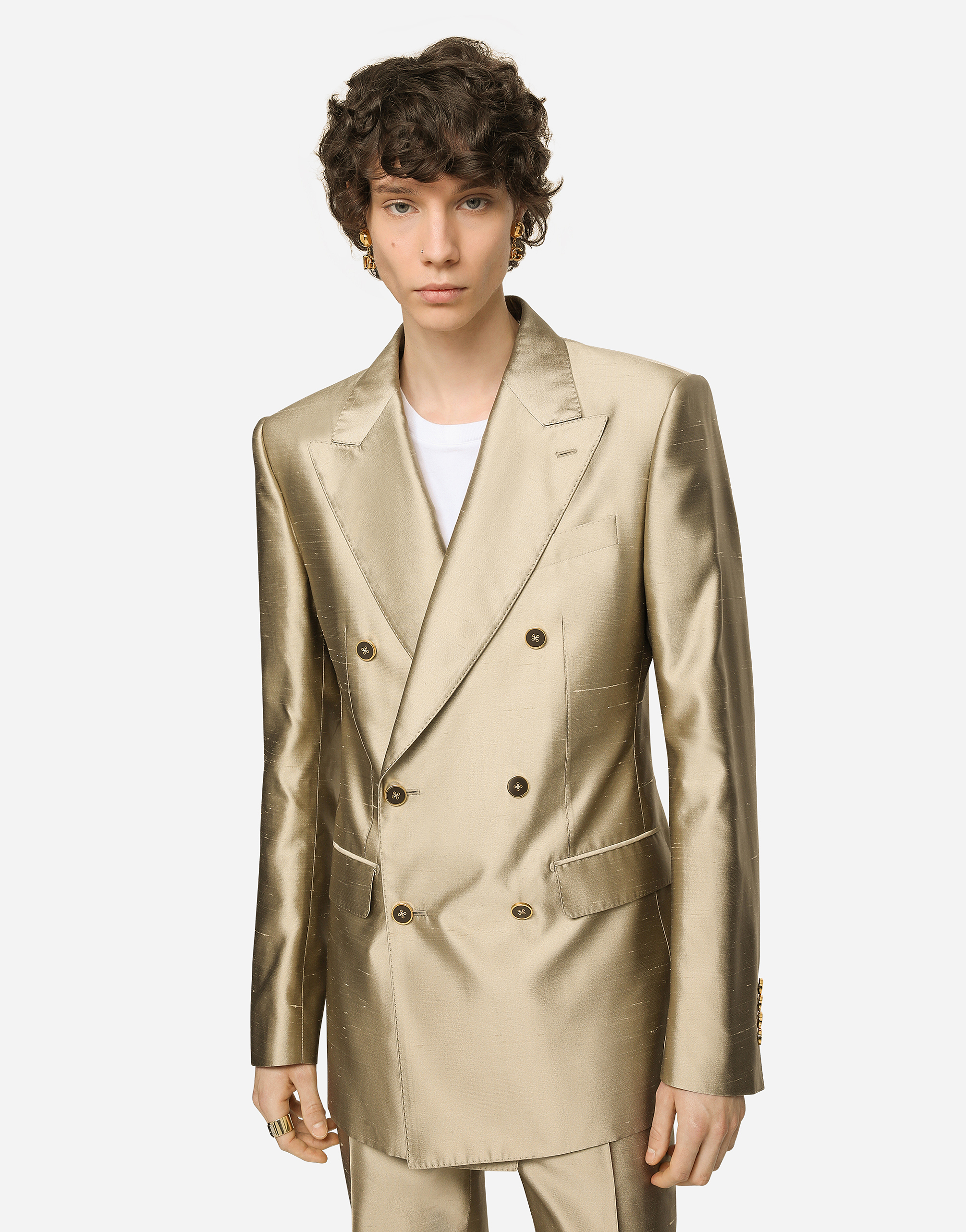 Shop Dolce & Gabbana Shantung Silk Double-breasted Sicilia-fit Suit In Beige