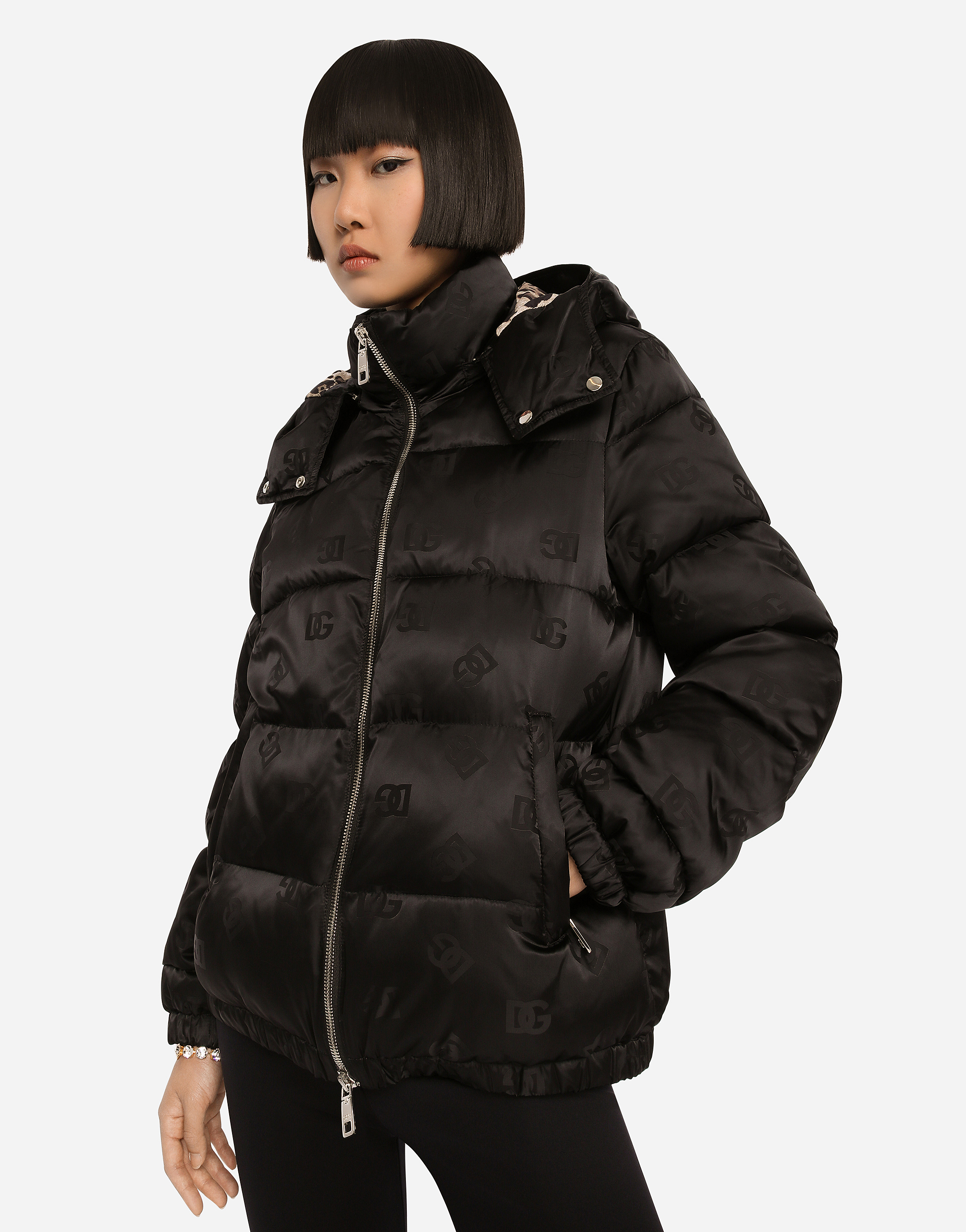 Dolce & Gabbana Satin Jacquard Down Jacket With All-over Dg Logo In Black