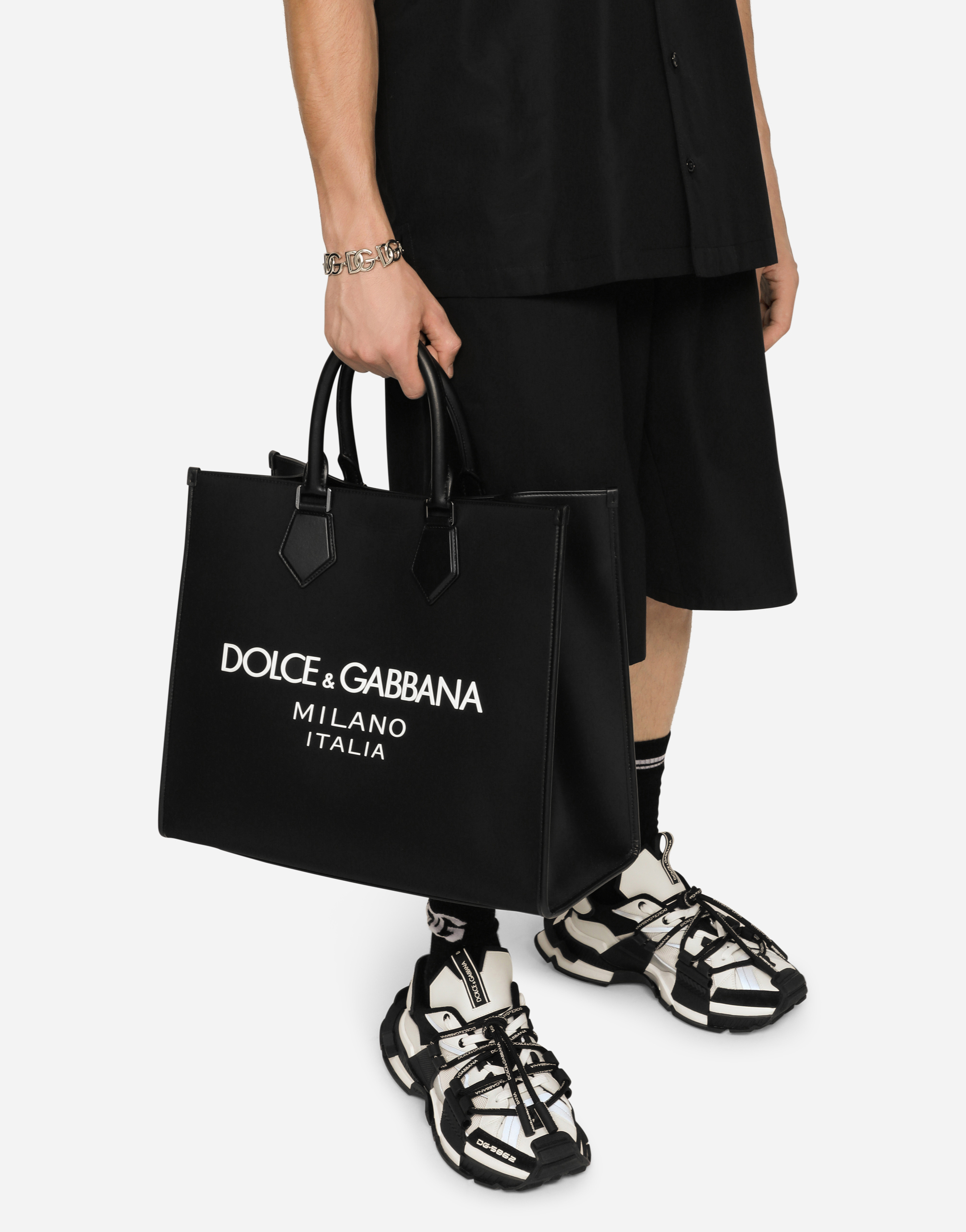 Dolce & Gabbana Large Nylon Shopper With Rubberized Logo In Black