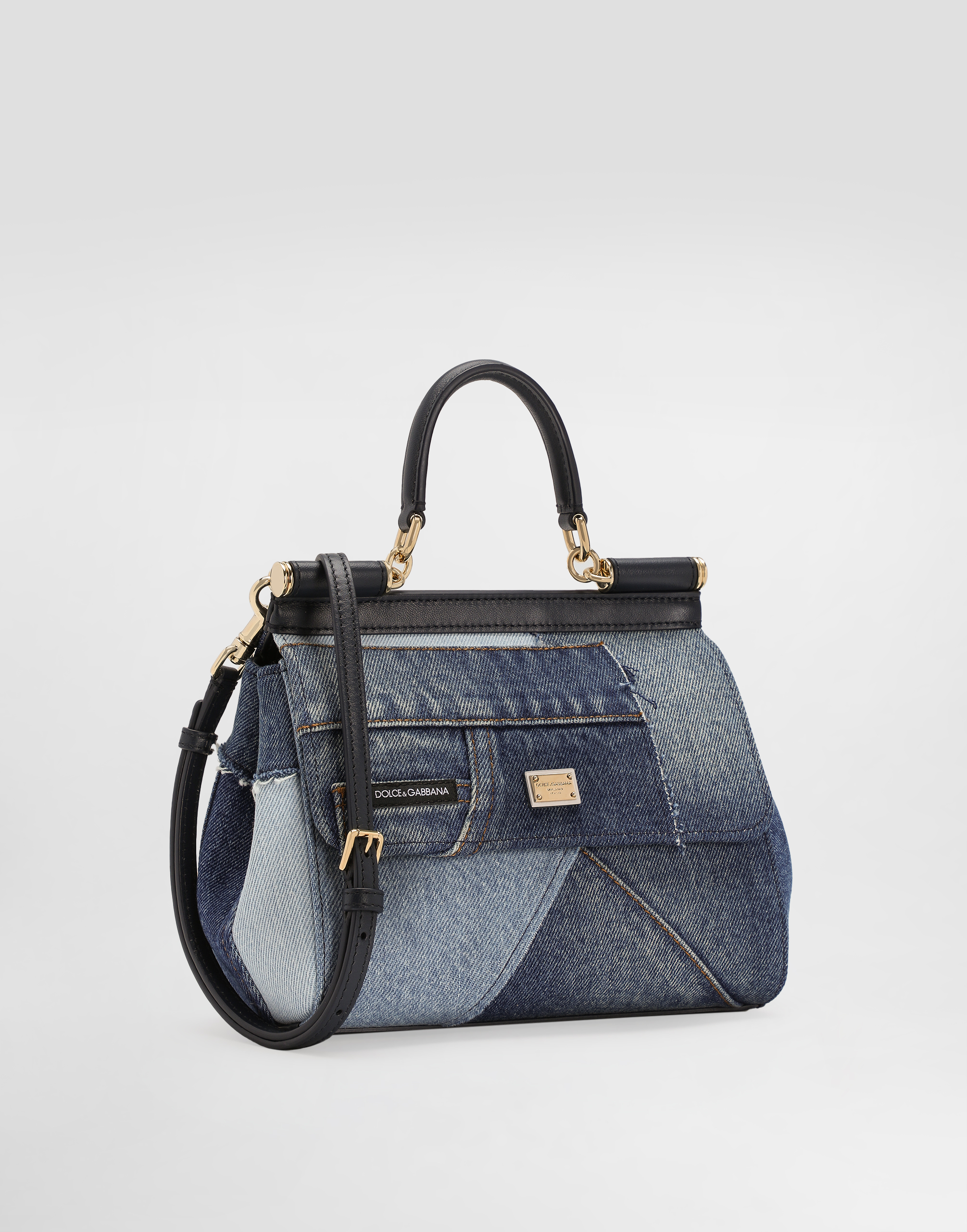 Dolce & Gabbana Small Sicily Denim And Calf Leather Handbag In Blue