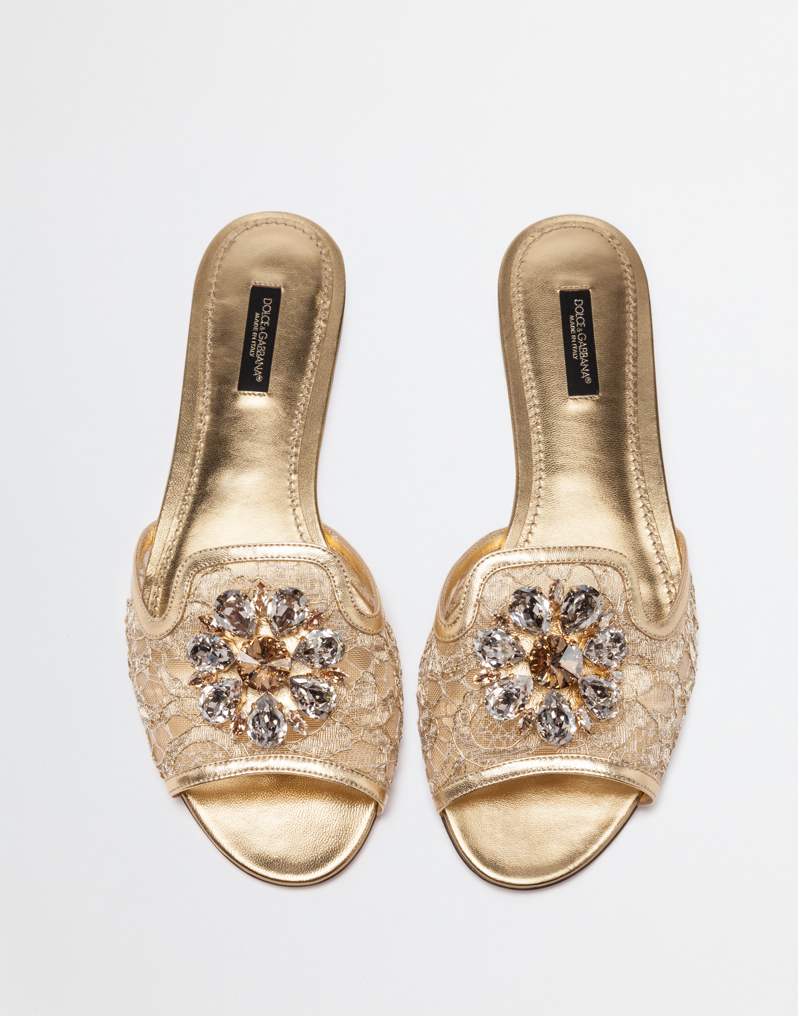 Dolce & Gabbana Rainbow Slides In Gold Lurex Lace With Brooch In Gold