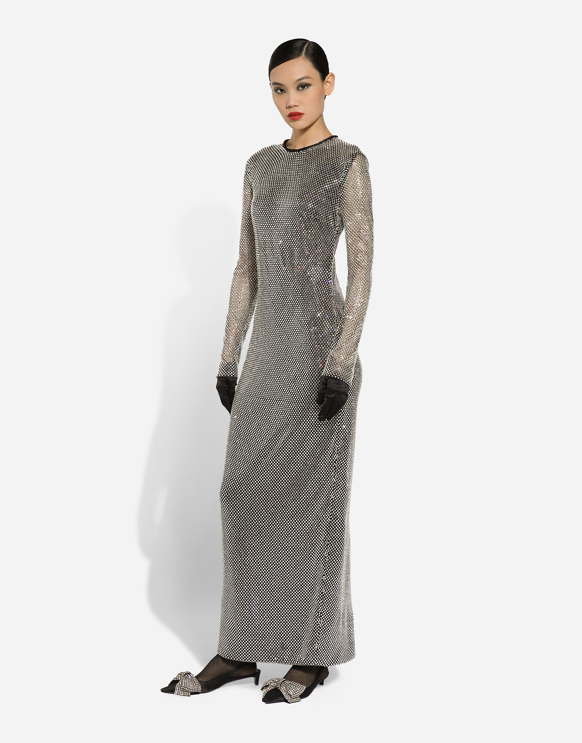 Dolce & Gabbana Long Crystal Mesh Dress In Silver