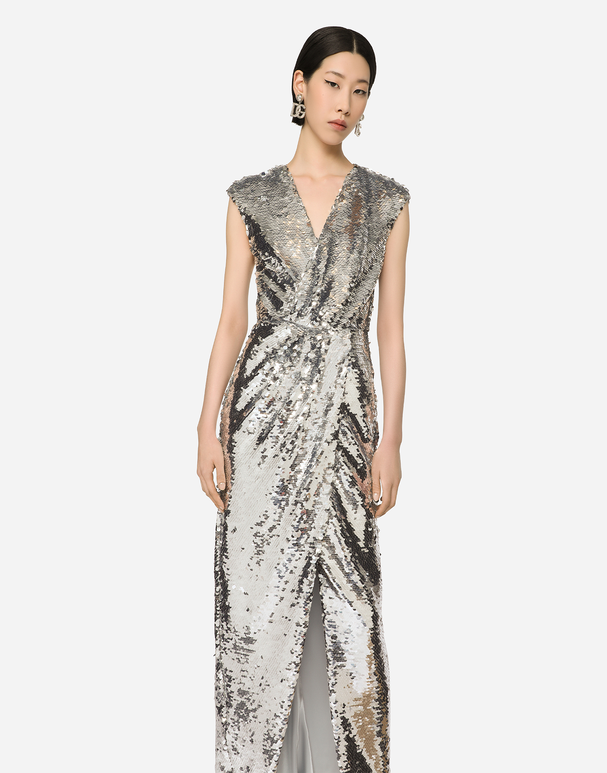 Shop Dolce & Gabbana Long Sequined Dress With Draping In Silver