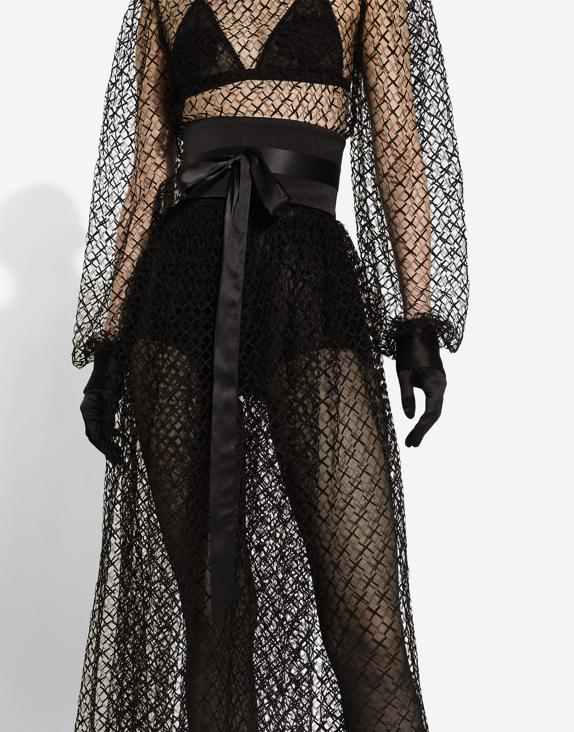 Dolce & Gabbana Calf-length Mesh Dress With Wool Crepe Belt In Black