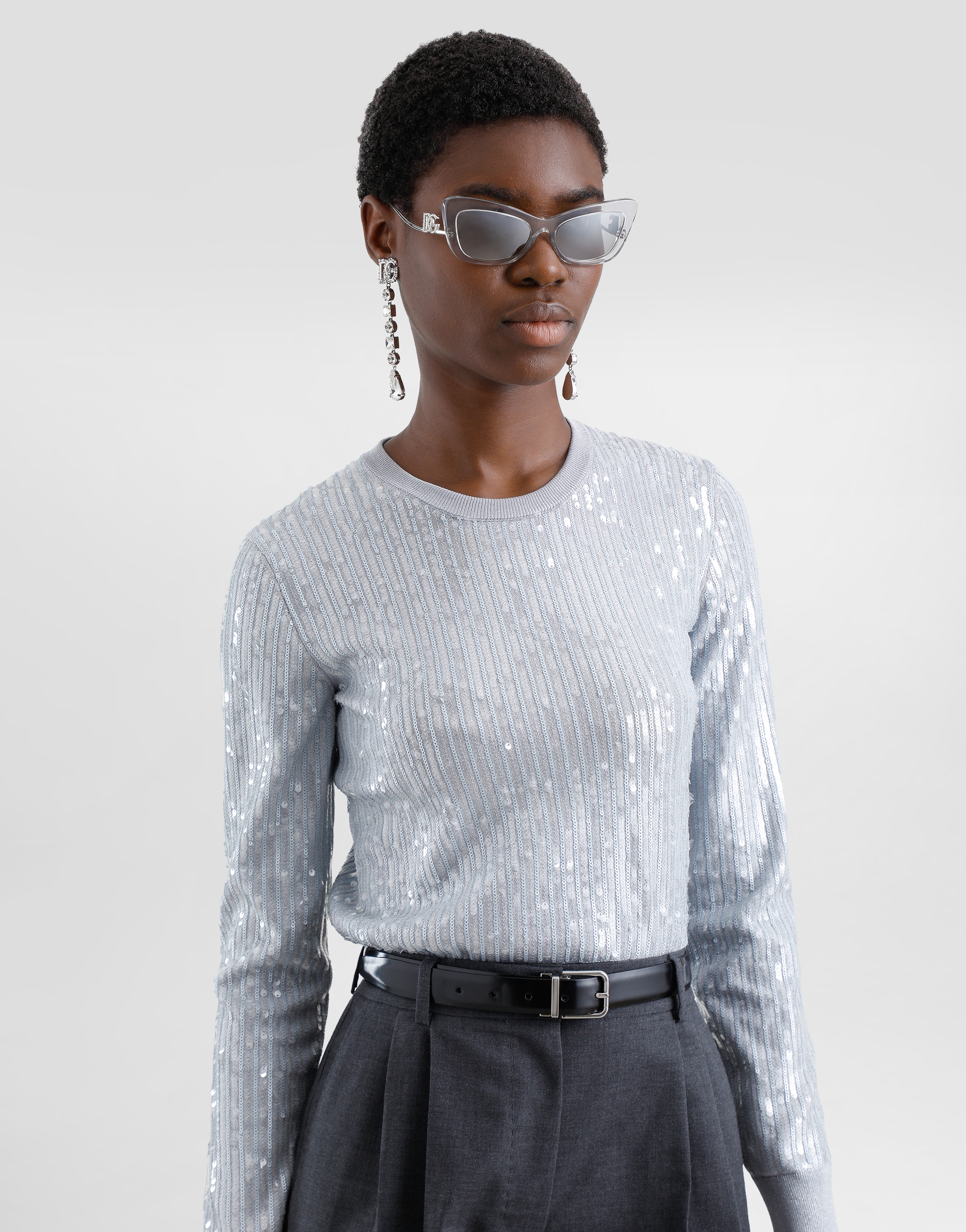 Dolce & Gabbana Crew-neck Sweater With Sequin Embellishment In Grey