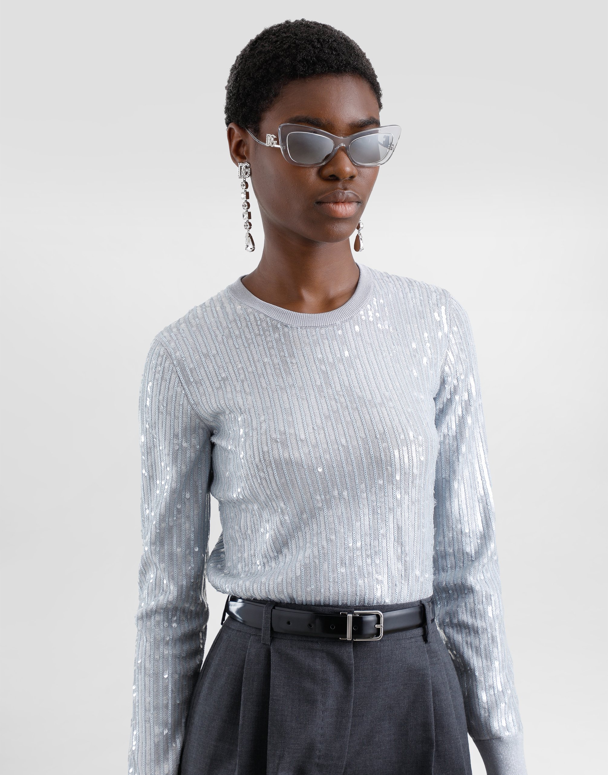 Dolce & Gabbana Crew-neck Sweater With Sequin Embellishment In Grey
