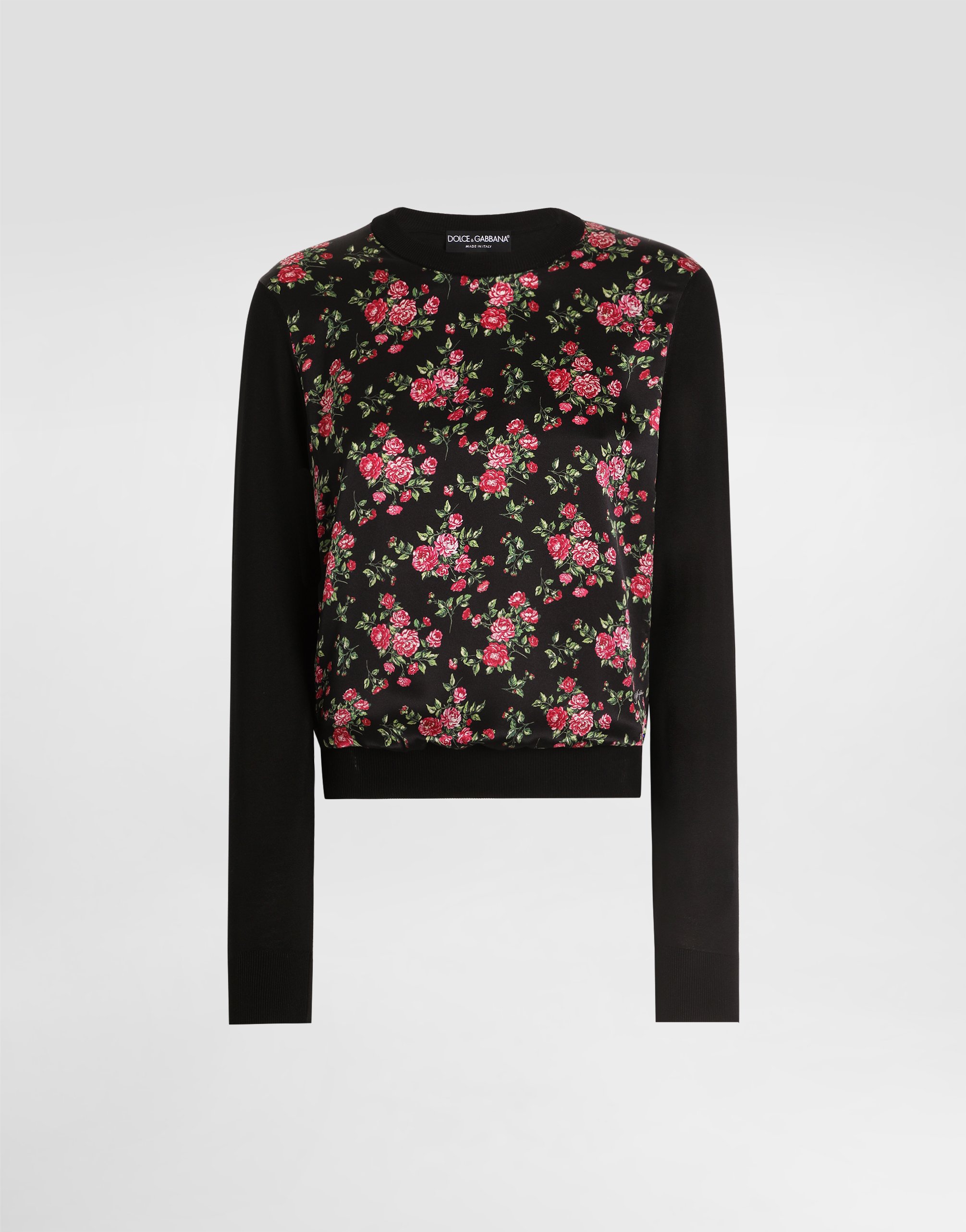 Small rose bouquets-print silk and satin pullover