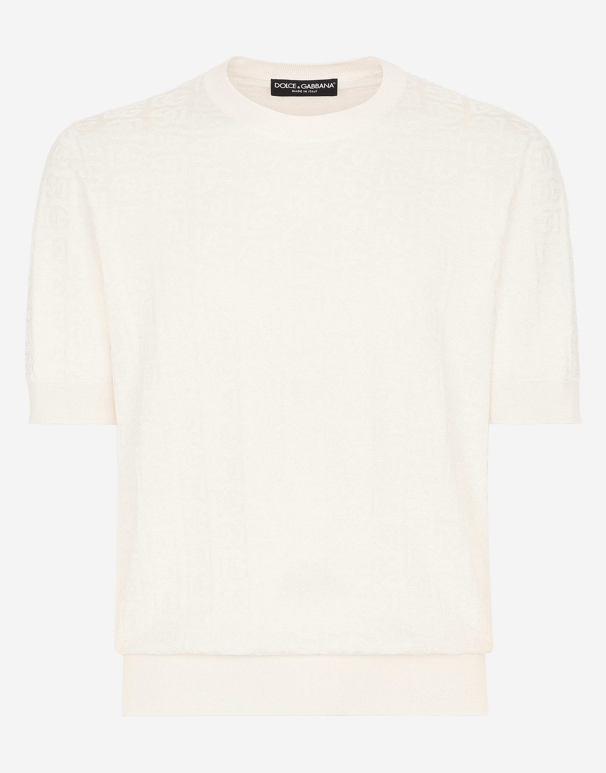 Dolce & Gabbana Silk Jacquard Round-neck Sweater With Dg Logo - Man Sweaters And Cardigans White