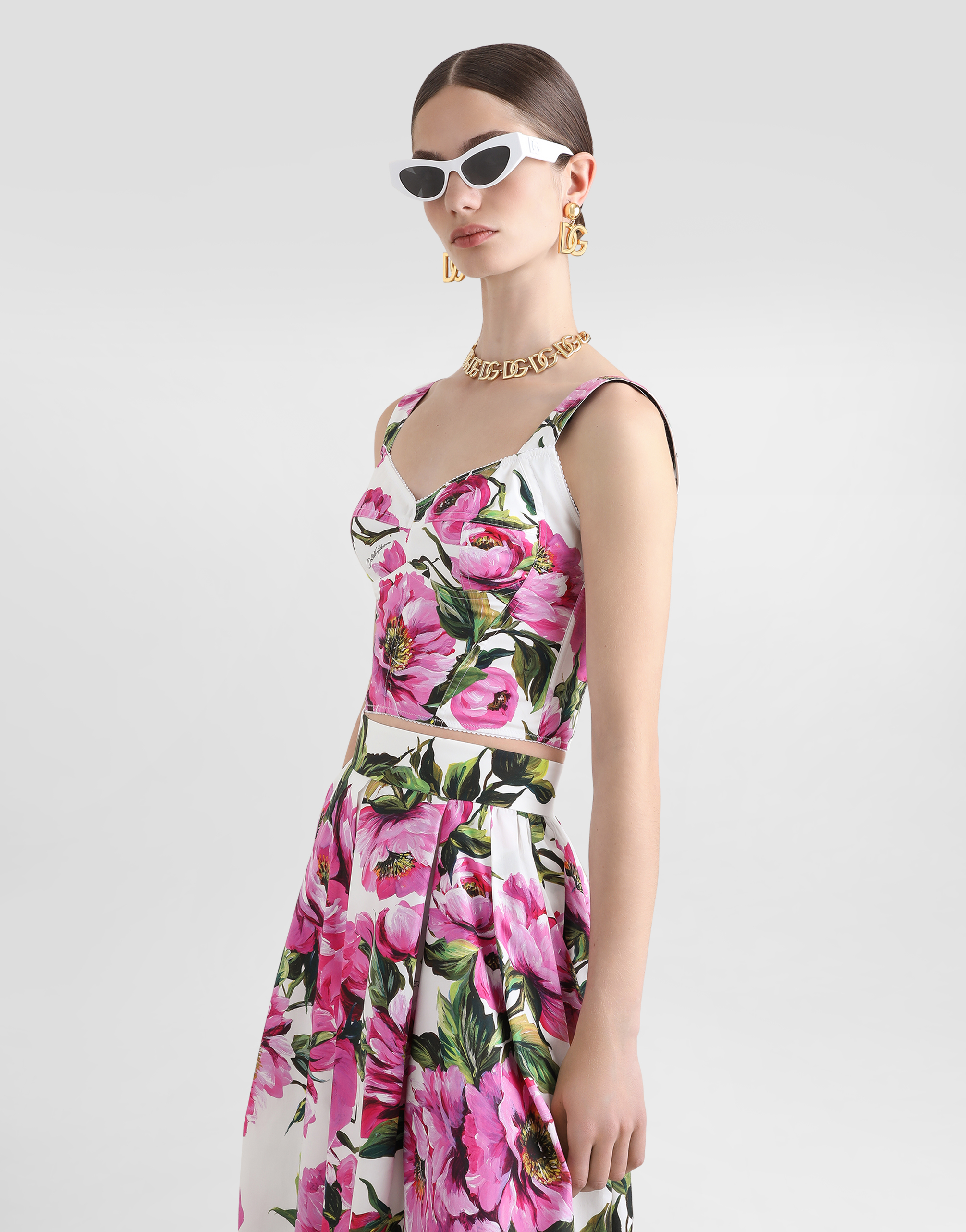 Dolce & Gabbana Pink Crop Top With All-over Printed Floral Motif In Cotton Blend Woman In Print