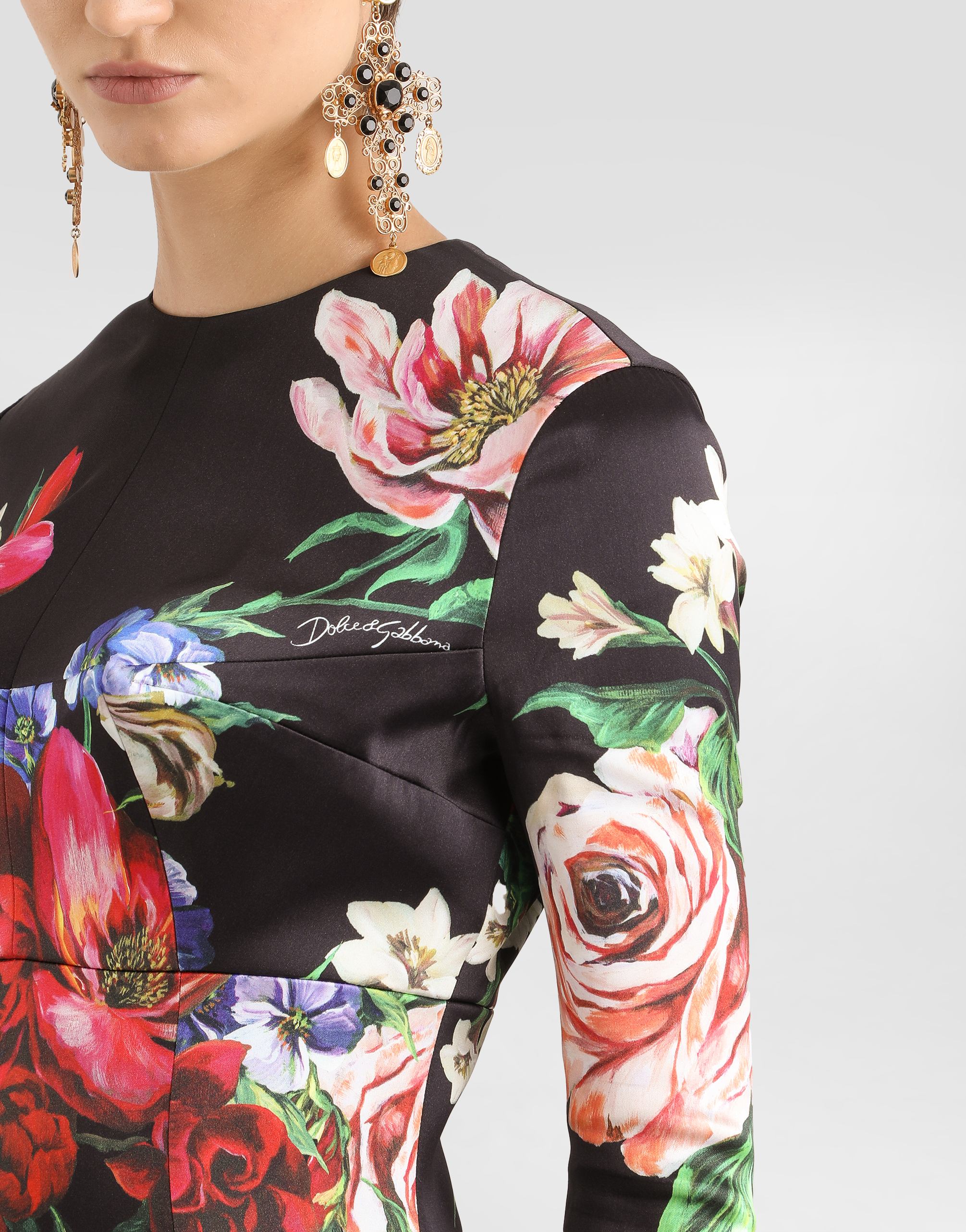 Dolce & Gabbana Satin Calf-length Round-neck Dress With Floral Print In Print
