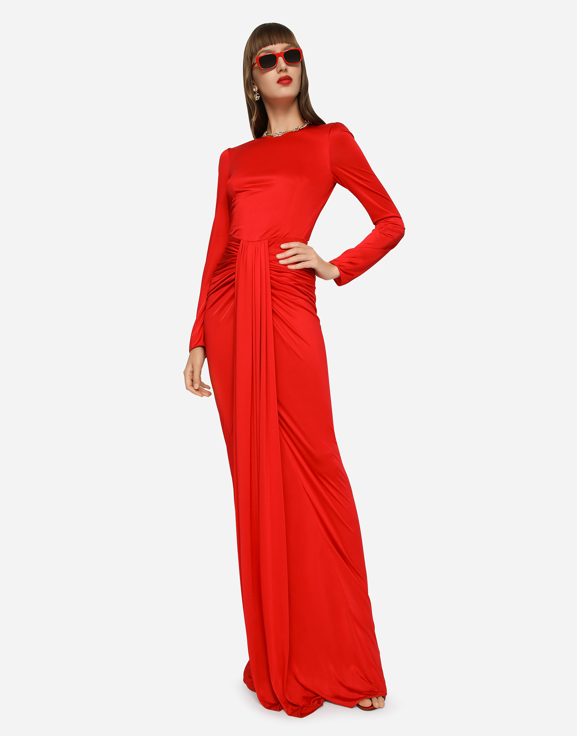 Shop Dolce & Gabbana Long Organzine Dress With Draping In Red