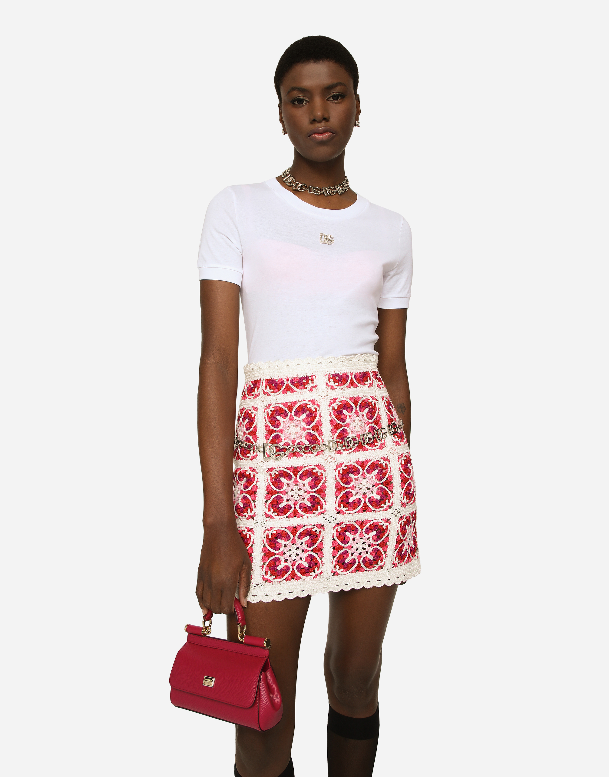 DOLCE & GABBANA BRICK-STITCHED CROCHET SKIRT WITH MAJOLICA PRINT