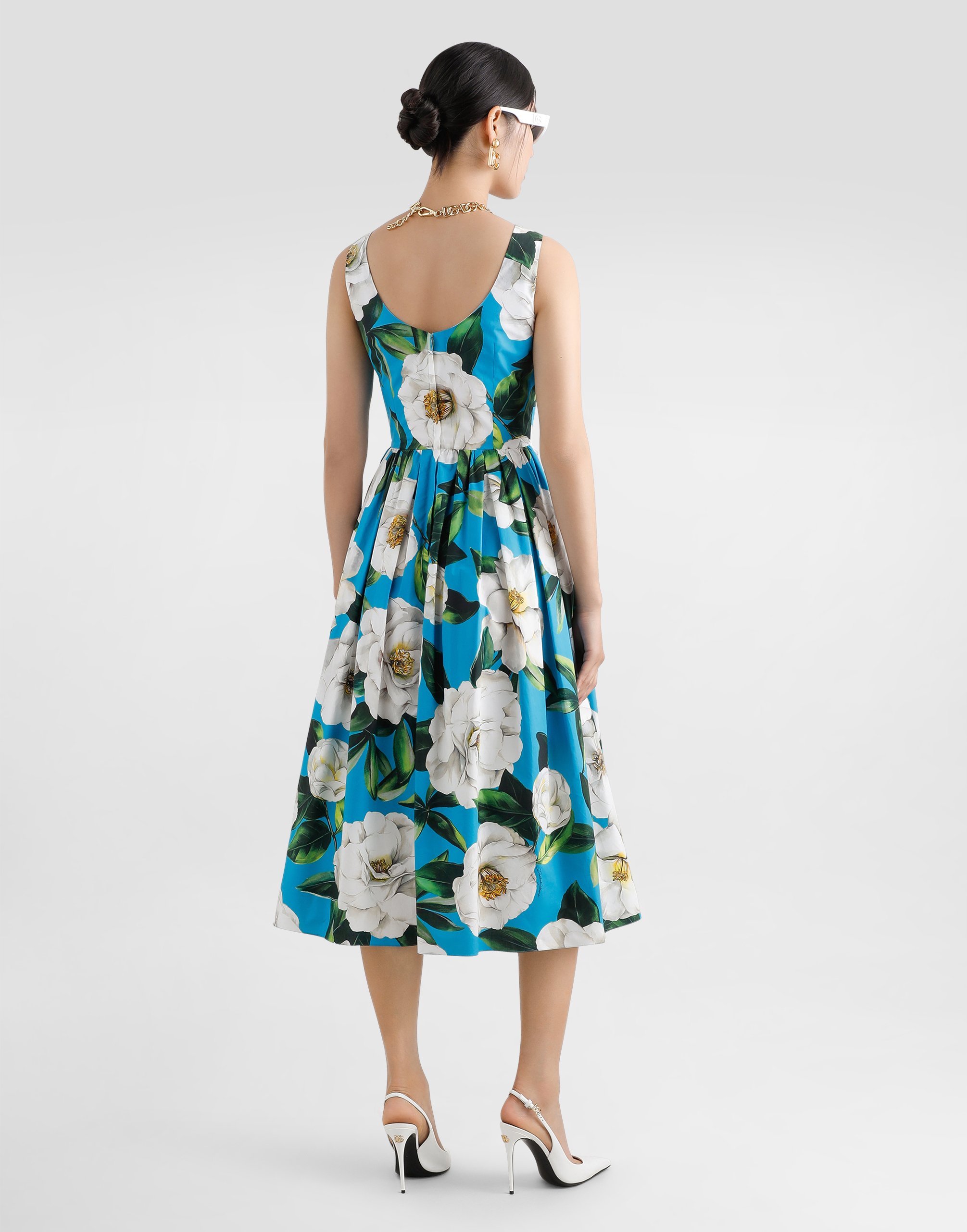 Dolce & Gabbana Cotton Calf-length Babydoll Dress With Gardenia Print In Print