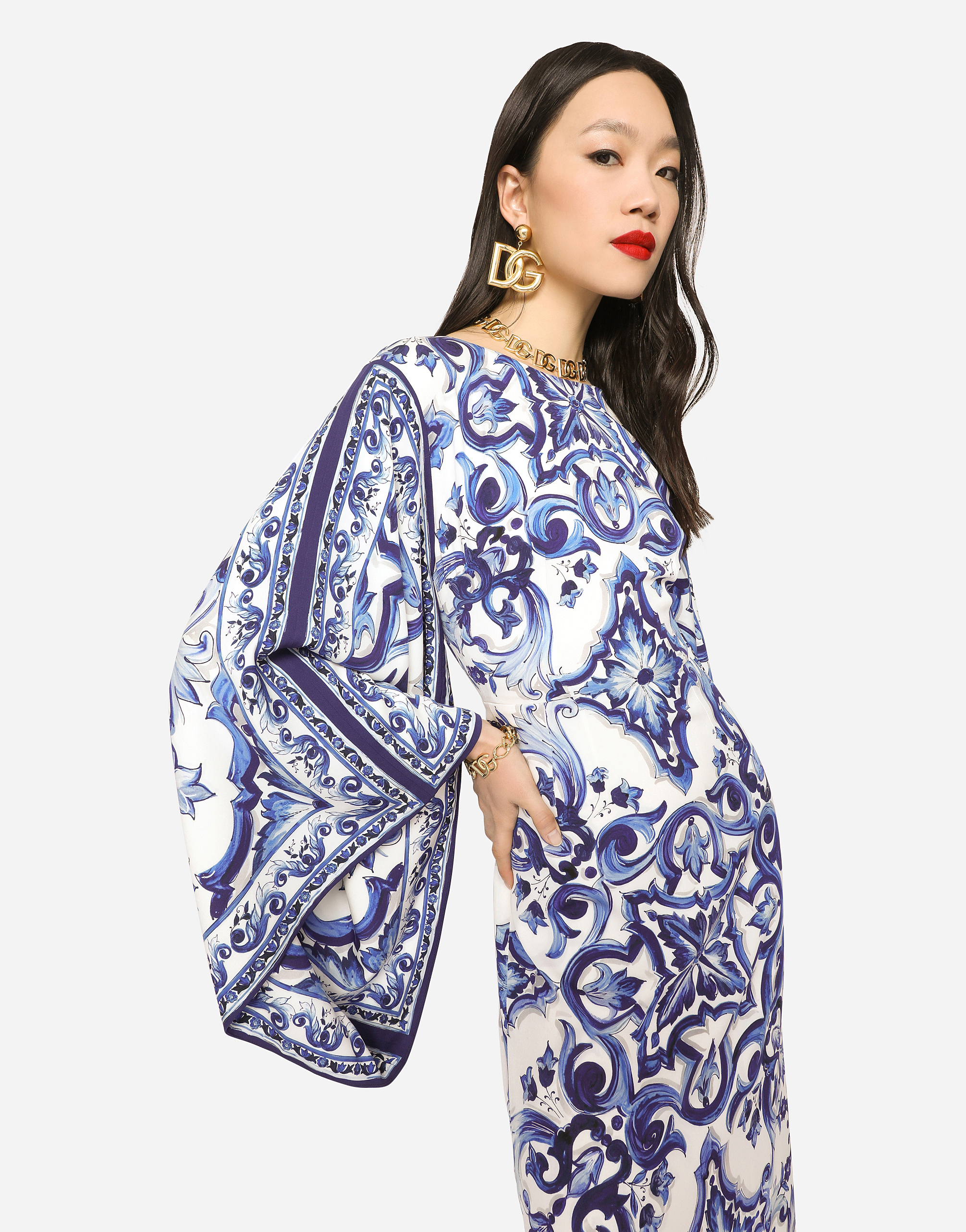 Long majolica-print charmeuse dress