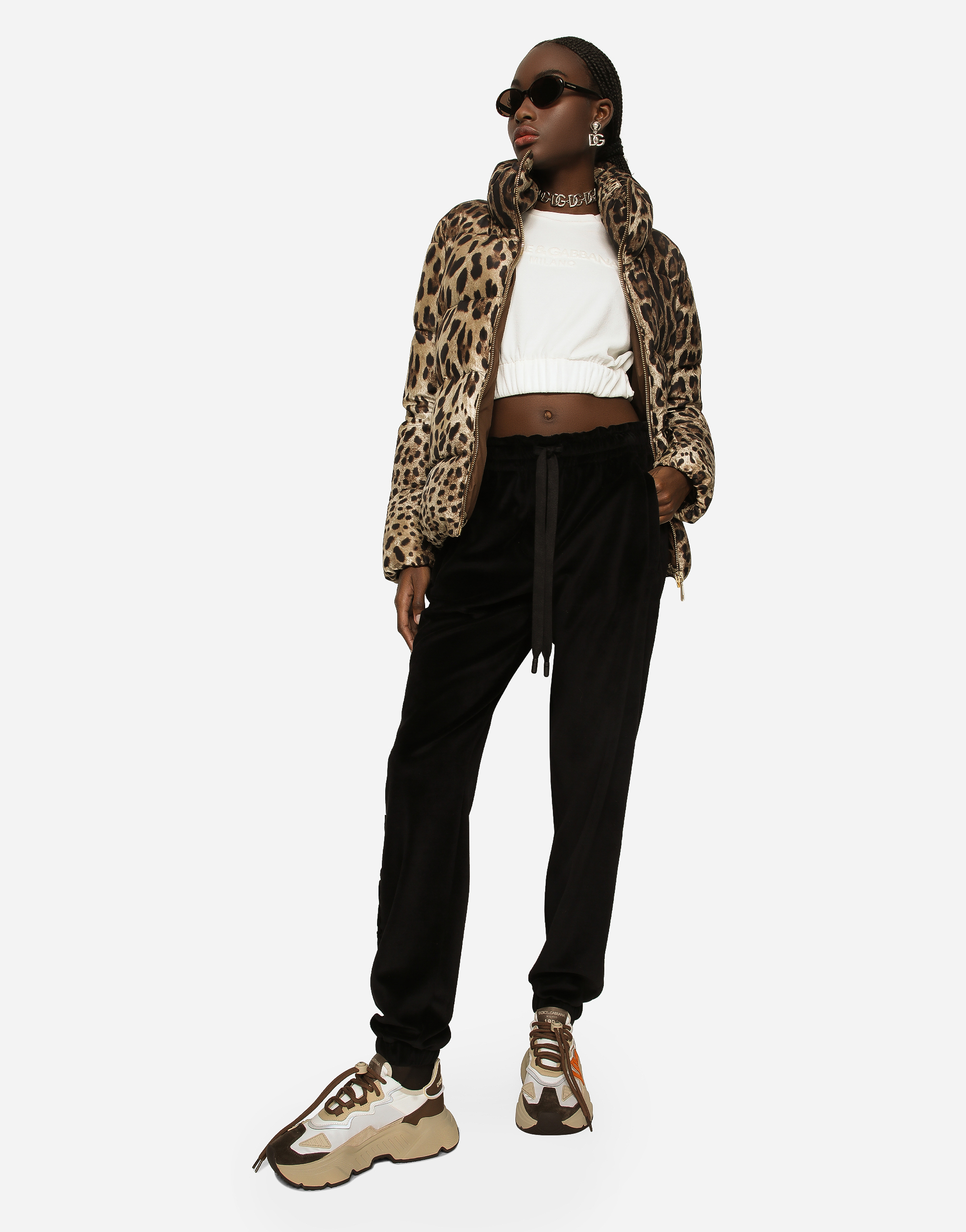 Dolce & Gabbana Brown Down Jacket With High-neck With All-over Leo Print In Nylon Woman In Animal Print