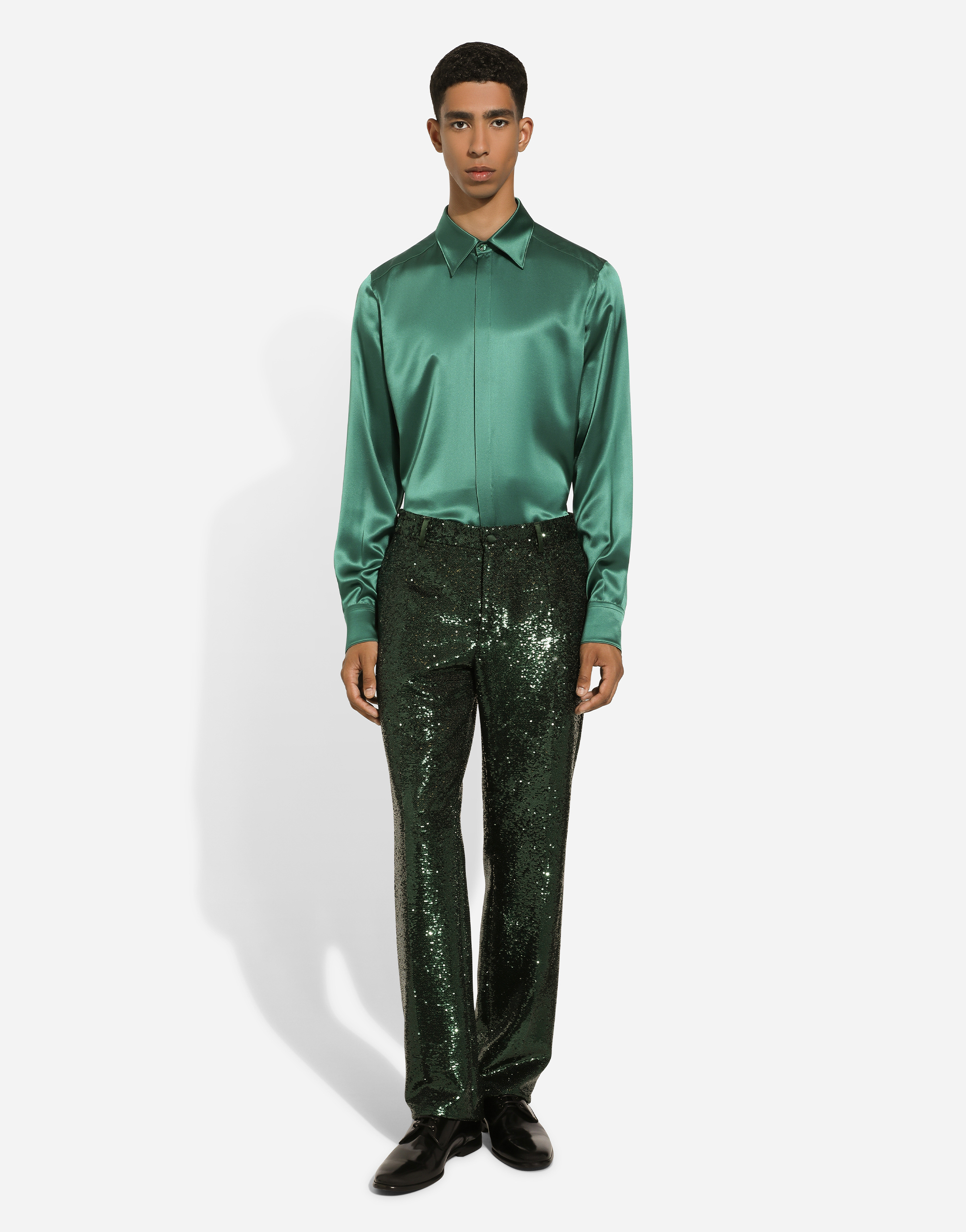 Shop Dolce & Gabbana Silk Satin Martini-fit Shirt In Green