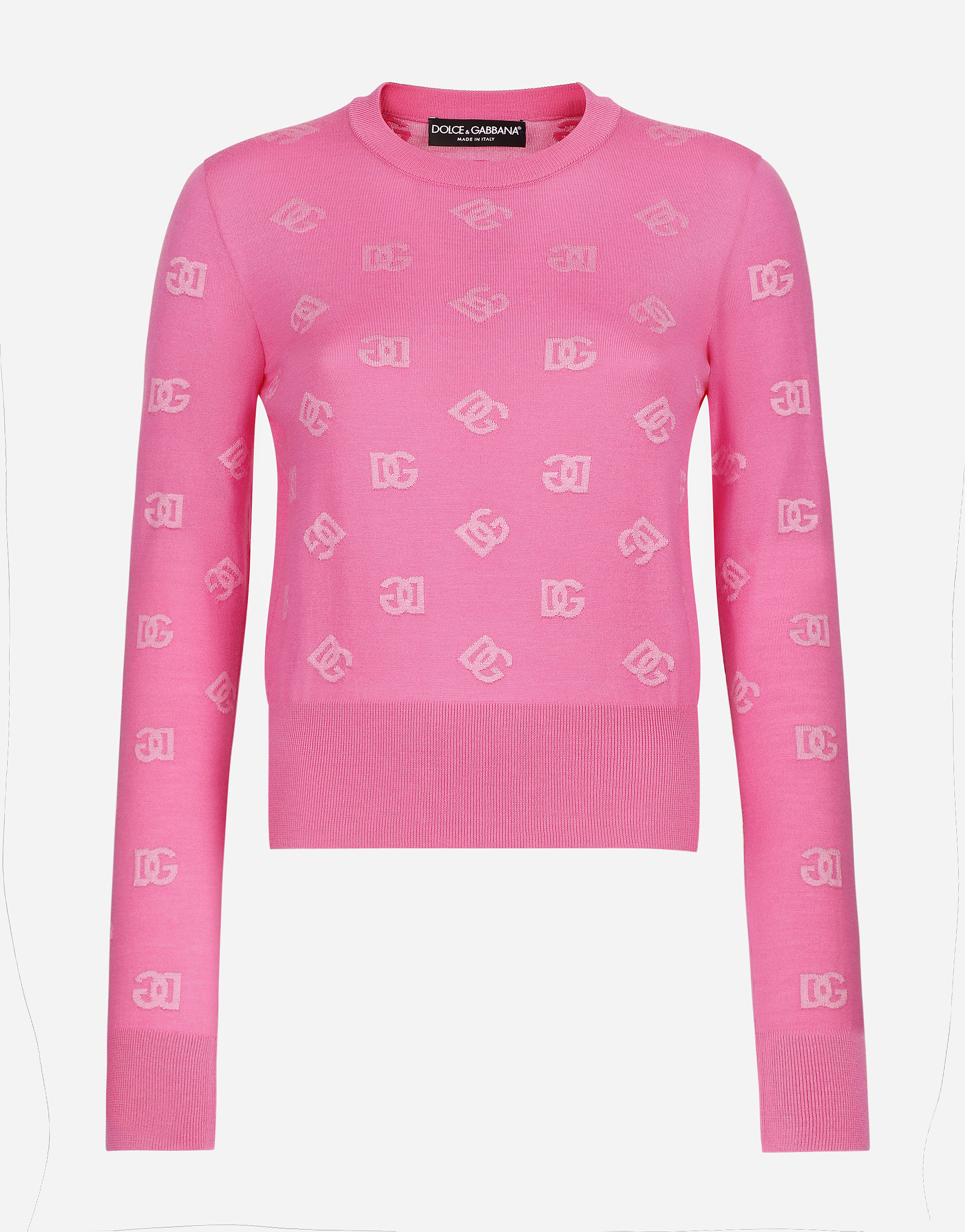 Dolce & Gabbana Wool And Silk Jacquard Sweater With Tonal Dg Logo - Woman Sweaters And Cardigans Fuchsia
