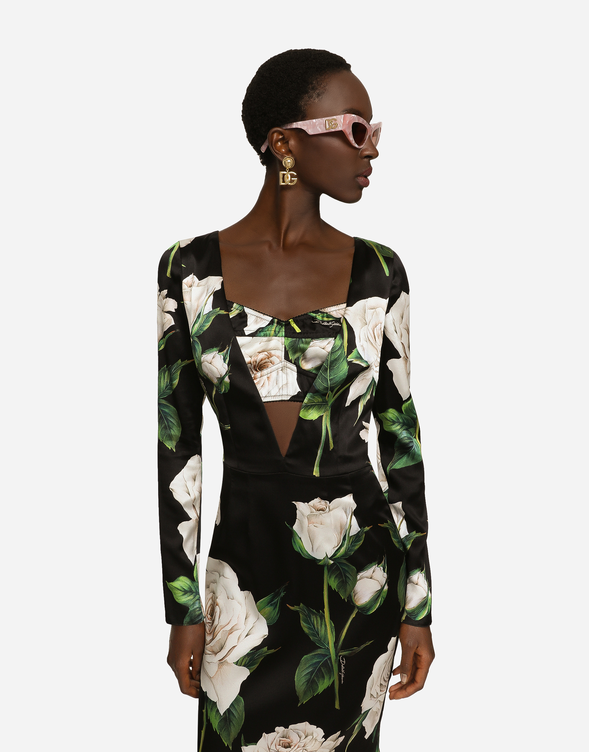 DOLCE & GABBANA SATIN CALF-LENGTH DRESS WITH WHITE ROSE PRINT